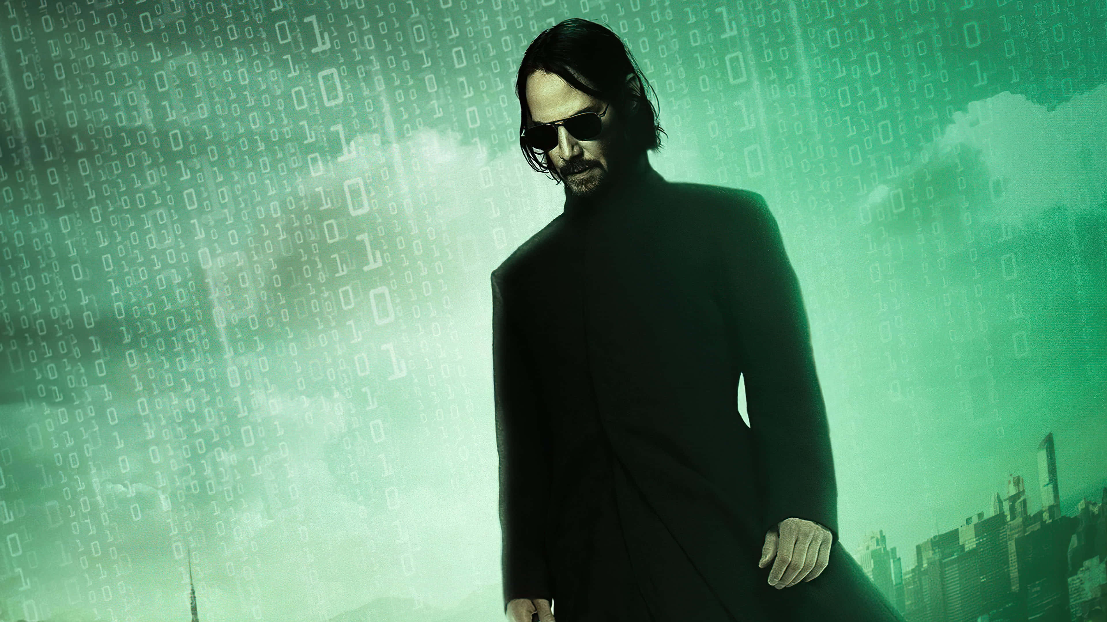 Keanu Reeves 桌布 壁紙 — 來自《黑客帝國》的尼奧站在綠色數碼暴雨中，身後是城市天際線。