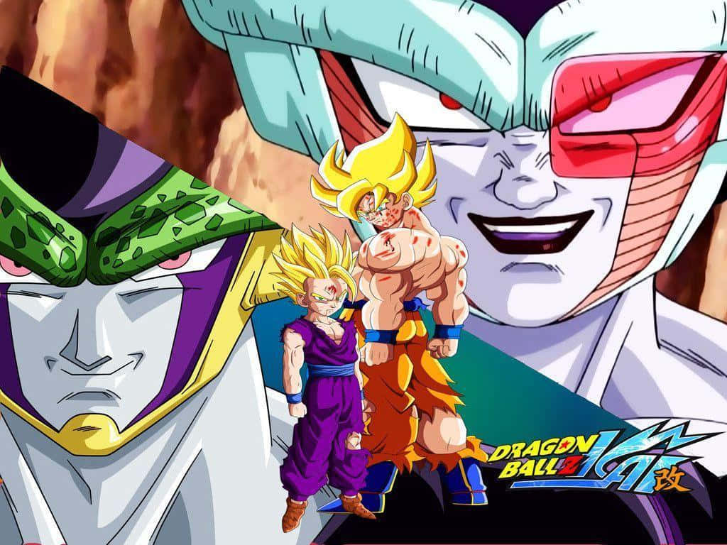 Dragon Ball Z Kai 桌布 壁紙 — 來自《龍珠Z》的動漫角色以強烈的表情，在兩個巨大敵人的背景下挑釁地站立。
