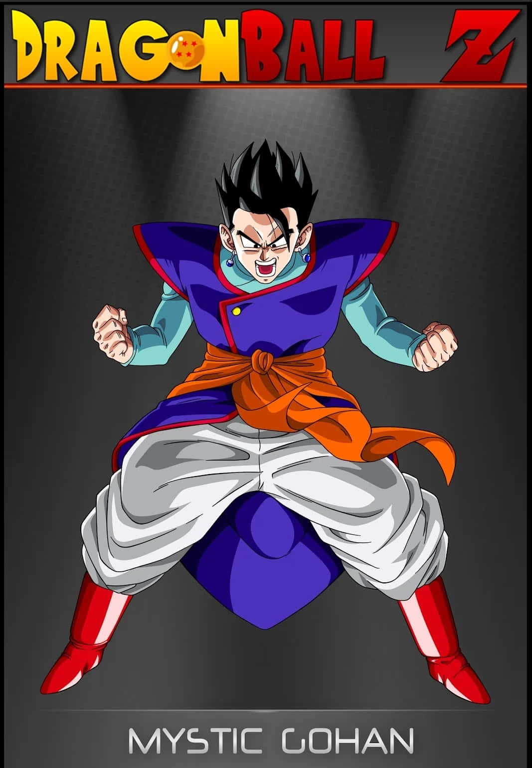 Mystic Gohan 桌布 壁紙 — 來自《龍珠Z》的悟飯（神秘形態）以強勁的戰鬥姿勢站立，背景為黑暗的聚光燈效果。