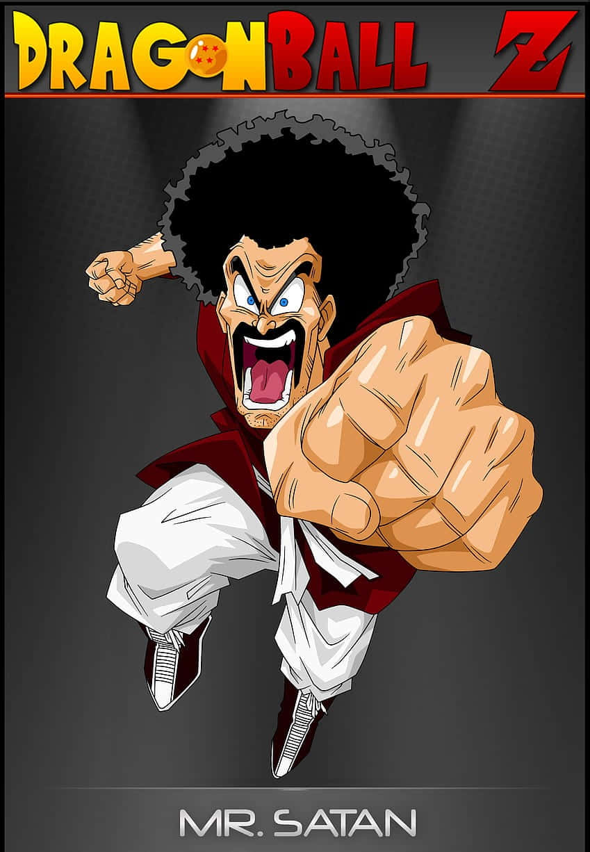 Hercule Satan 桌布 壁紙 — 來自《龍珠Z》的撒旦先生在一張深灰色背景前，以充滿動感的動漫姿勢向前猛衝，憤怒地咆哮。