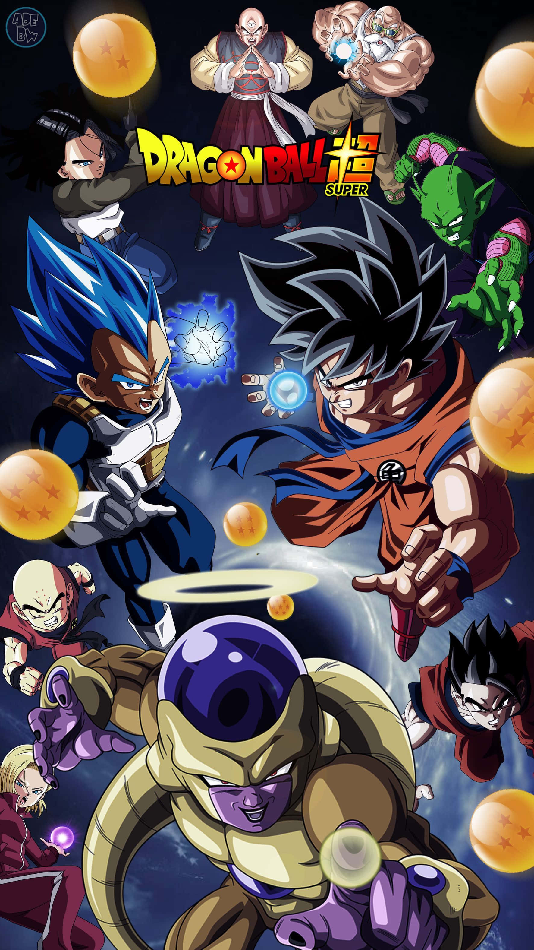 Dragon Ball iPhone 桌布 壁紙 — 來自《龍珠超》的動態動漫角色在宇宙背景下於漂浮的金色球體之間戰鬥。