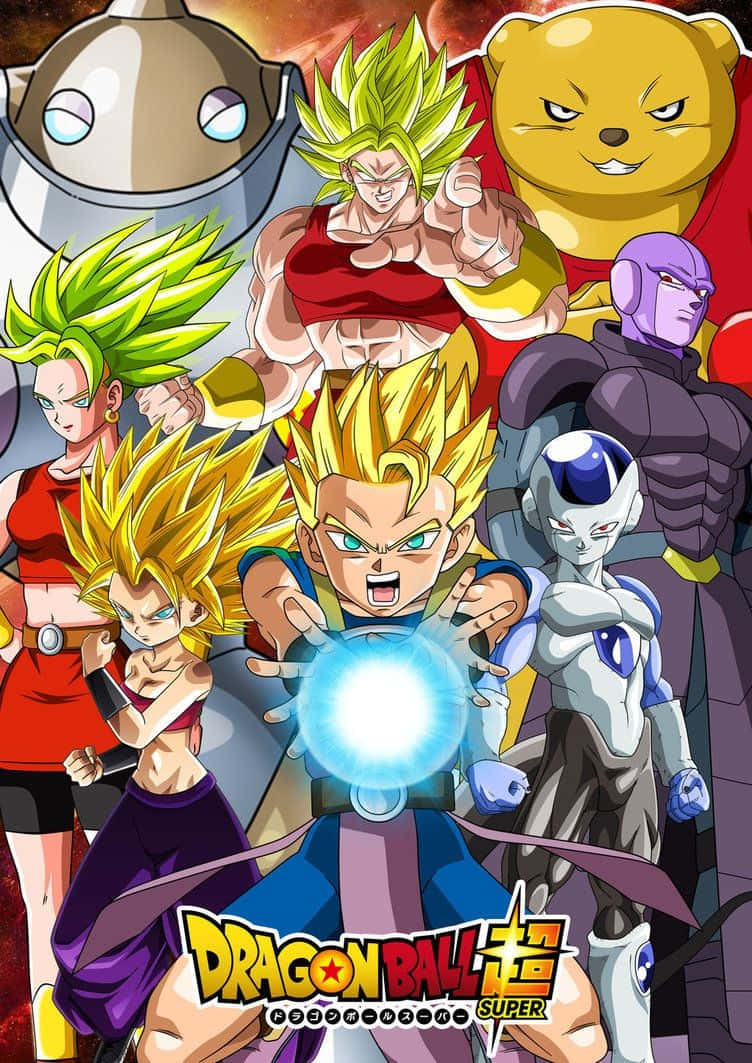 Dragon Ball Super Universe 6 桌布 壁紙 — 來自《龍珠超》的動態動漫角色在熾熱的宇宙背景下英勇擺出姿勢，帶有發光能量效果。