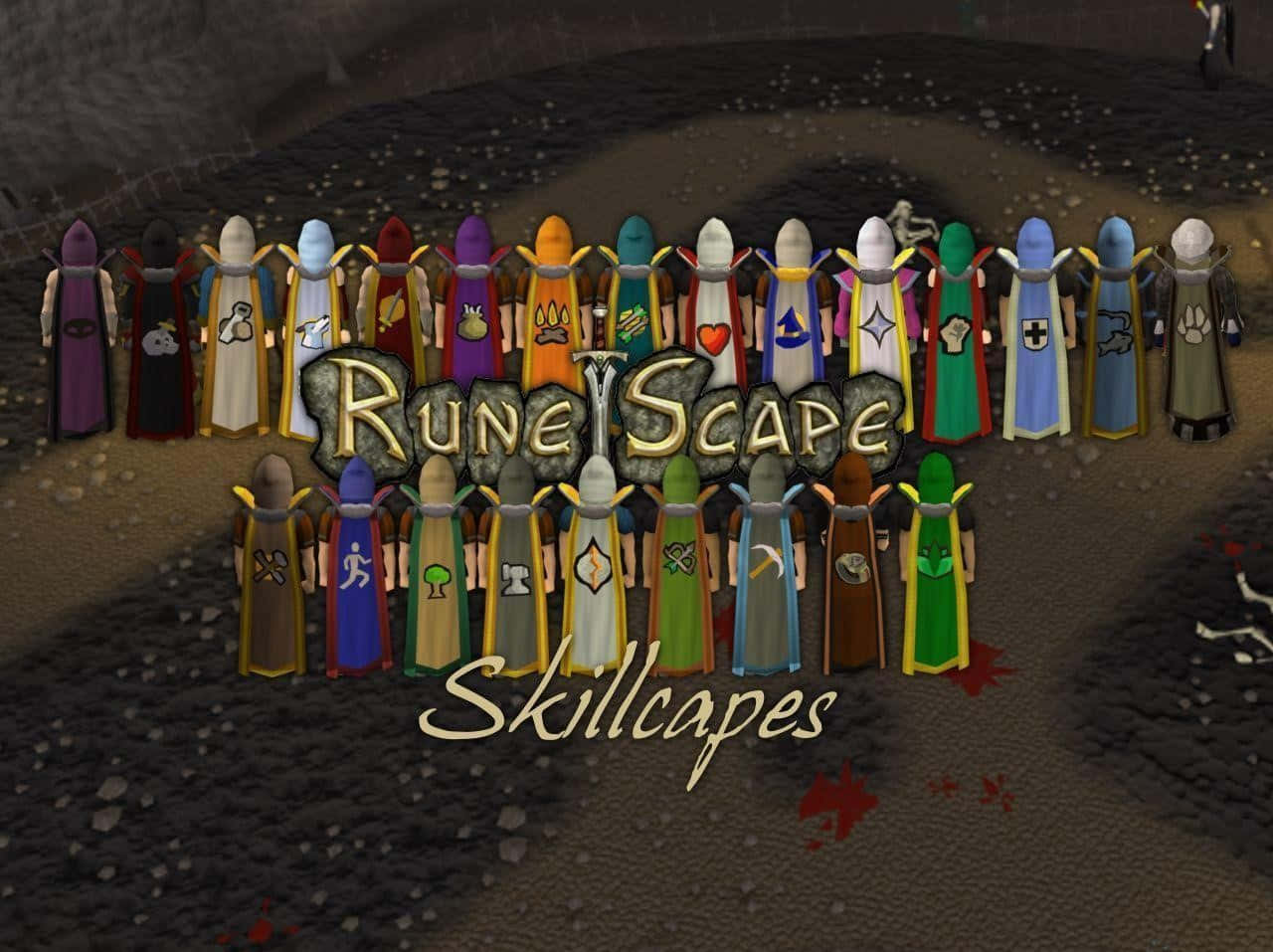 來自90年代的經典遊戲 — 高清舊版Runescape 壁紙 — 一排色彩繽紛的RuneScape技能斗篷角色站在岩石地面上，遊戲標題顯眼地展示。