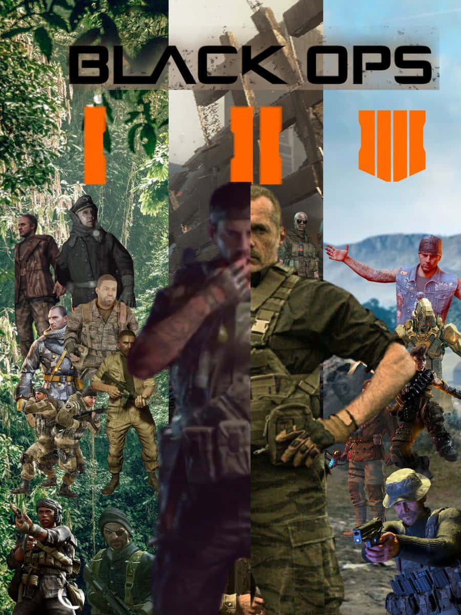 Frank Woods 桌布 壁紙 — 來自Black Ops遊戲的士兵拼貼畫，背景為叢林、城市和沙漠，帶有橙色羅馬數字標誌。