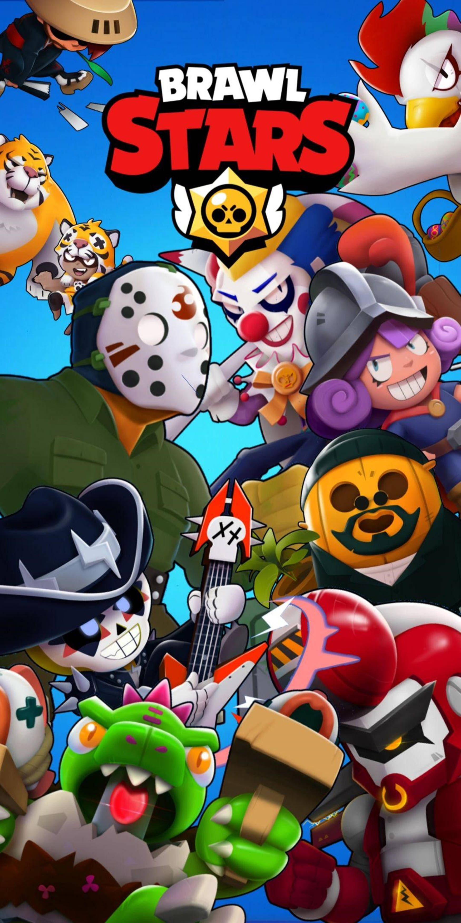 Brawl Stars 桌布 壁紙 — 來自Brawl Stars的鮮豔卡通角色在明亮的藍天背景下動態碰撞。