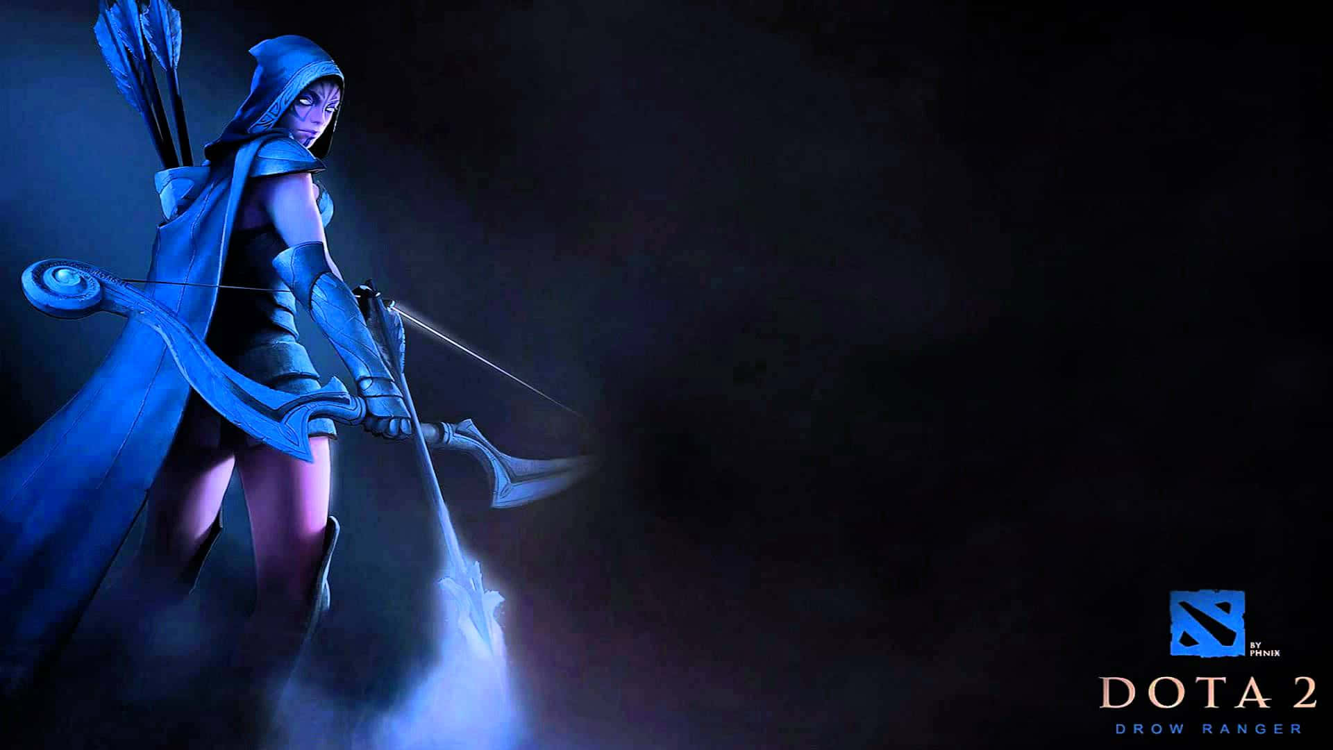 Drow Ranger 桌布 壁紙 — 來自Dota 2的藍色兜帽弓箭手，手持發光的弓，在黑暗迷霧背景中蓄勢待發。
