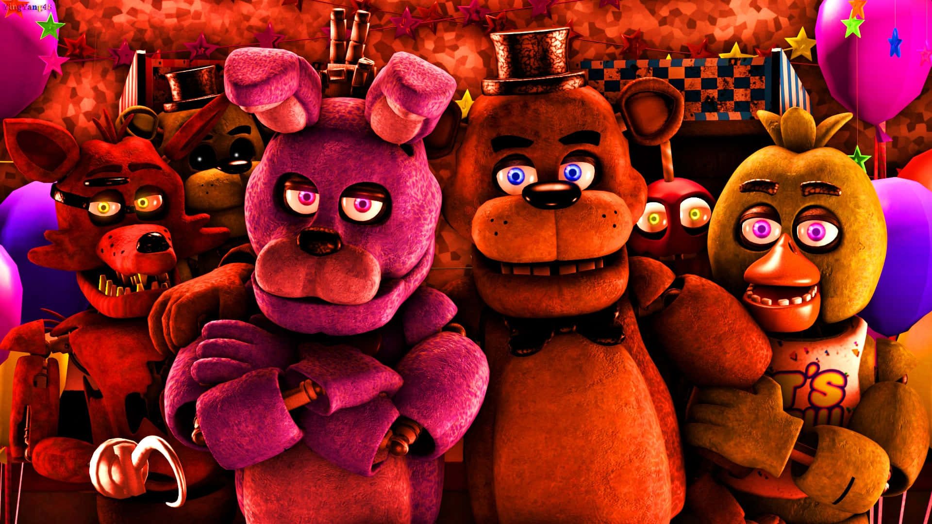 Freddy Fazbear 和機械動畫朋友們在黑暗的遊戲廳中，眼睛發光。
