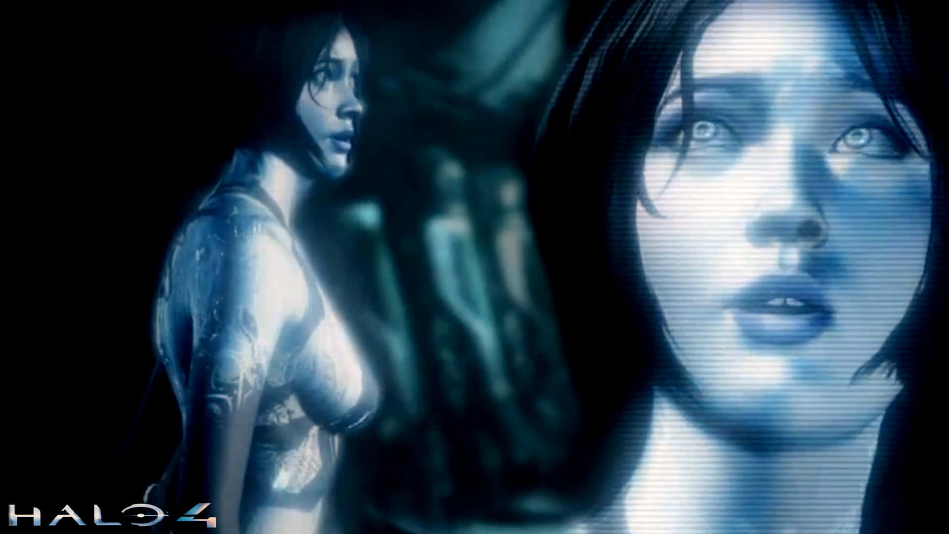 Halo Cortana 桌布 壁紙 — 來自Halo 4的發光藍色女性角色站在陰影中，帶有半透明的面部覆蓋層，營造出網絡和神秘的氛圍。