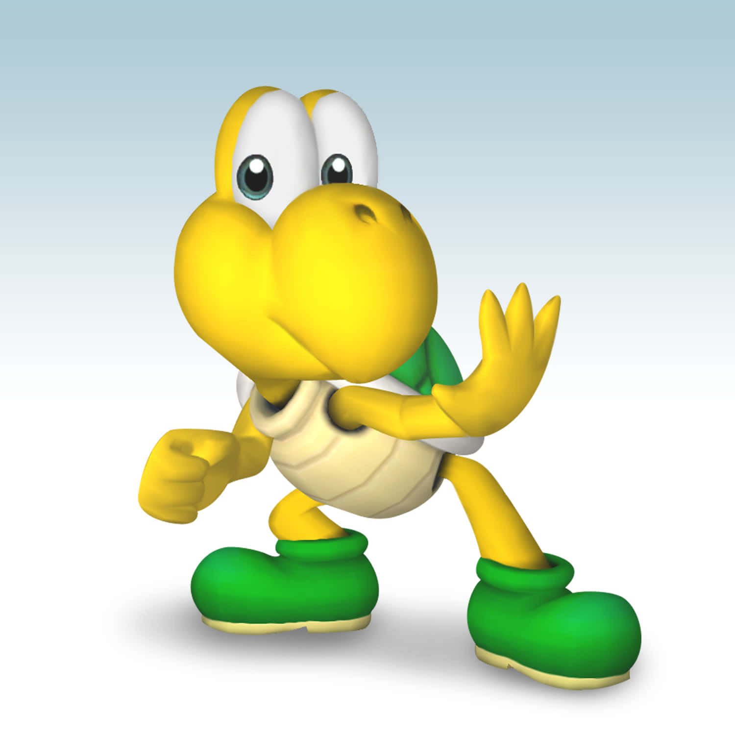 Koopa Troopa 桌布 壁紙 — 來自Mario遊戲的開心黃色Koopa Troopa，單手揮舞，站在柔和漸變背景前。