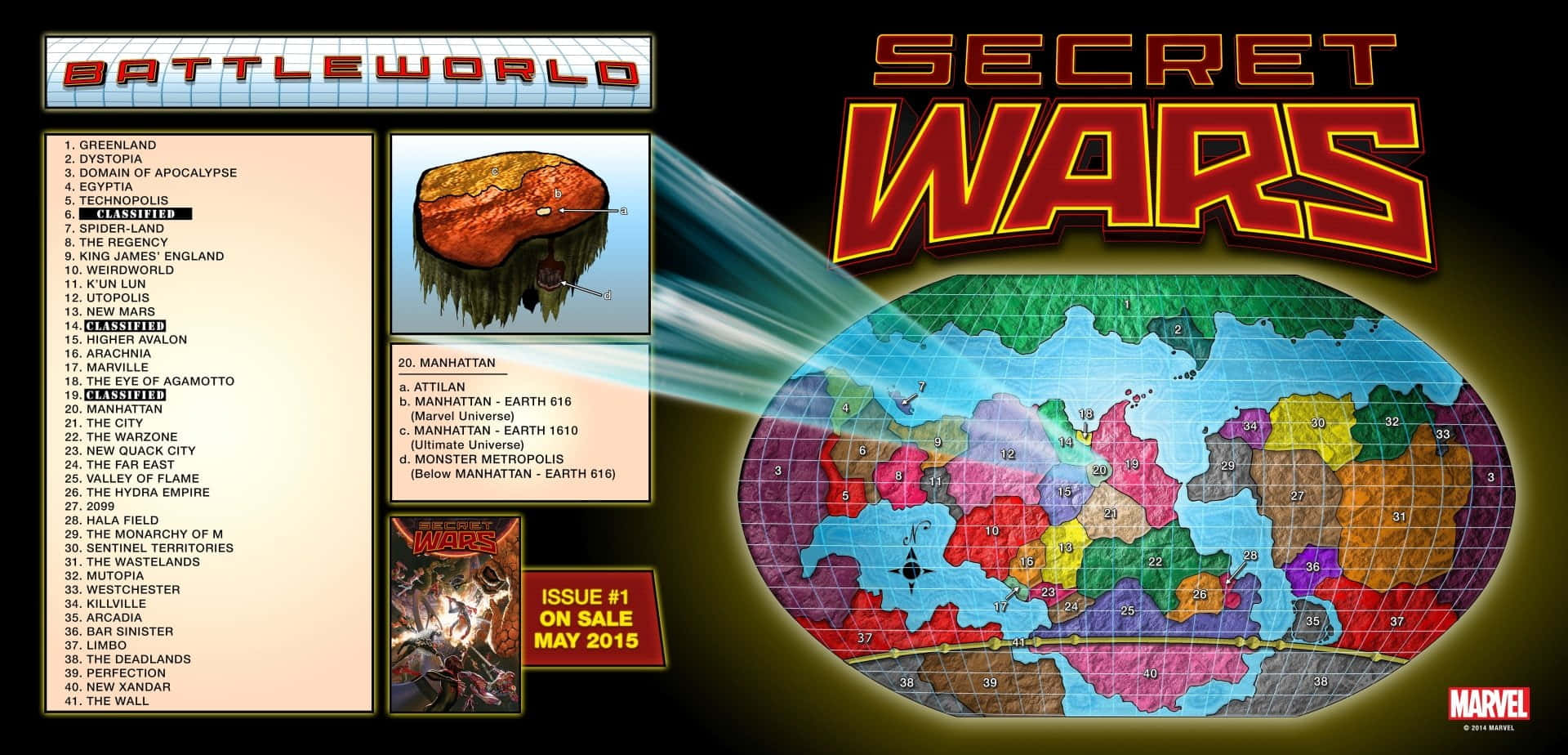 Secret Wars 桌布 壁紙 — 來自Marvel《秘密戰爭》的彩色漫畫地圖，顯示Battleworld的標記區域和地點列表。
