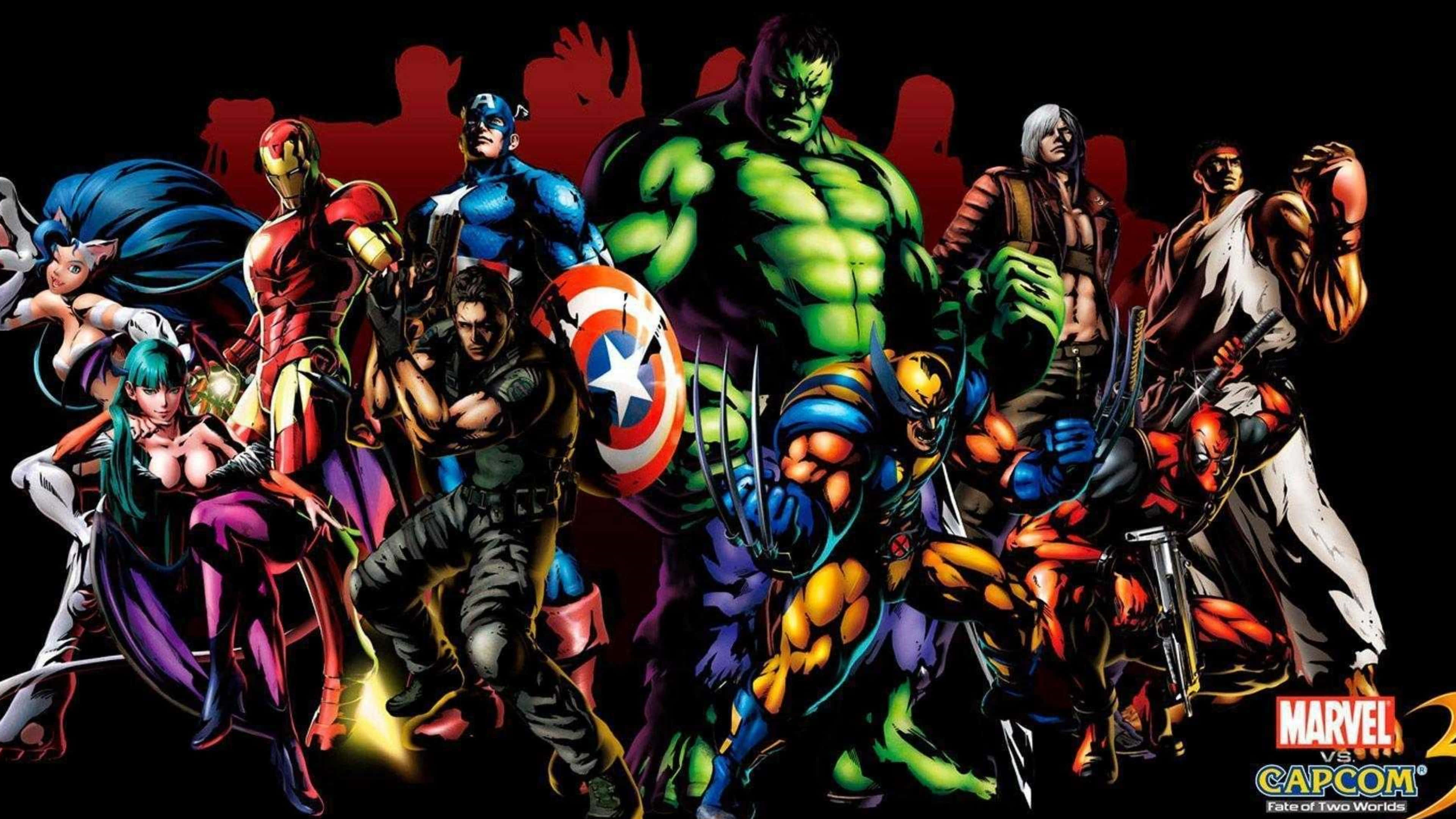 4K Marvel 壁紙 桌布 壁紙 — 來自Marvel和Capcom的動態漫畫英雄以英雄姿態站在深紅色飛濺背景前。