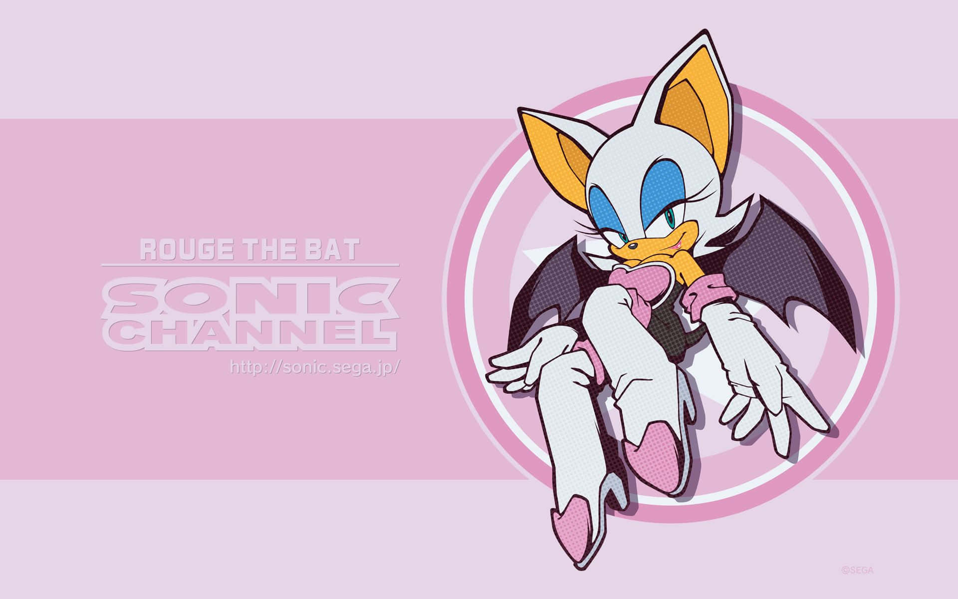 Rouge The Bat 桌布 壁紙 — 來自Sonic Channel的Rouge the Bat自信地穿著粉紅色高跟鞋，在帶有圓形設計元素的柔和粉紅色背景前擺姿勢。