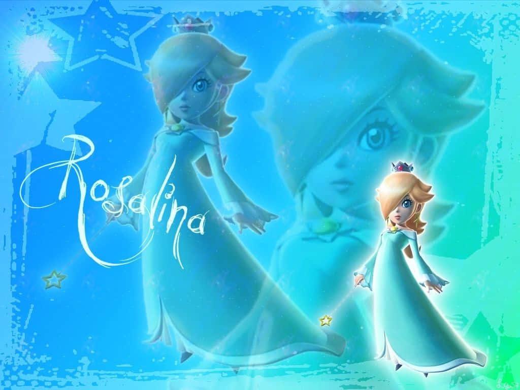Princess Rosalina 桌布 壁紙 — 來自任天堂遊戲的羅潔塔的發光藍色調插圖，以多種尺寸顯示，帶有星星和她的名字字體。