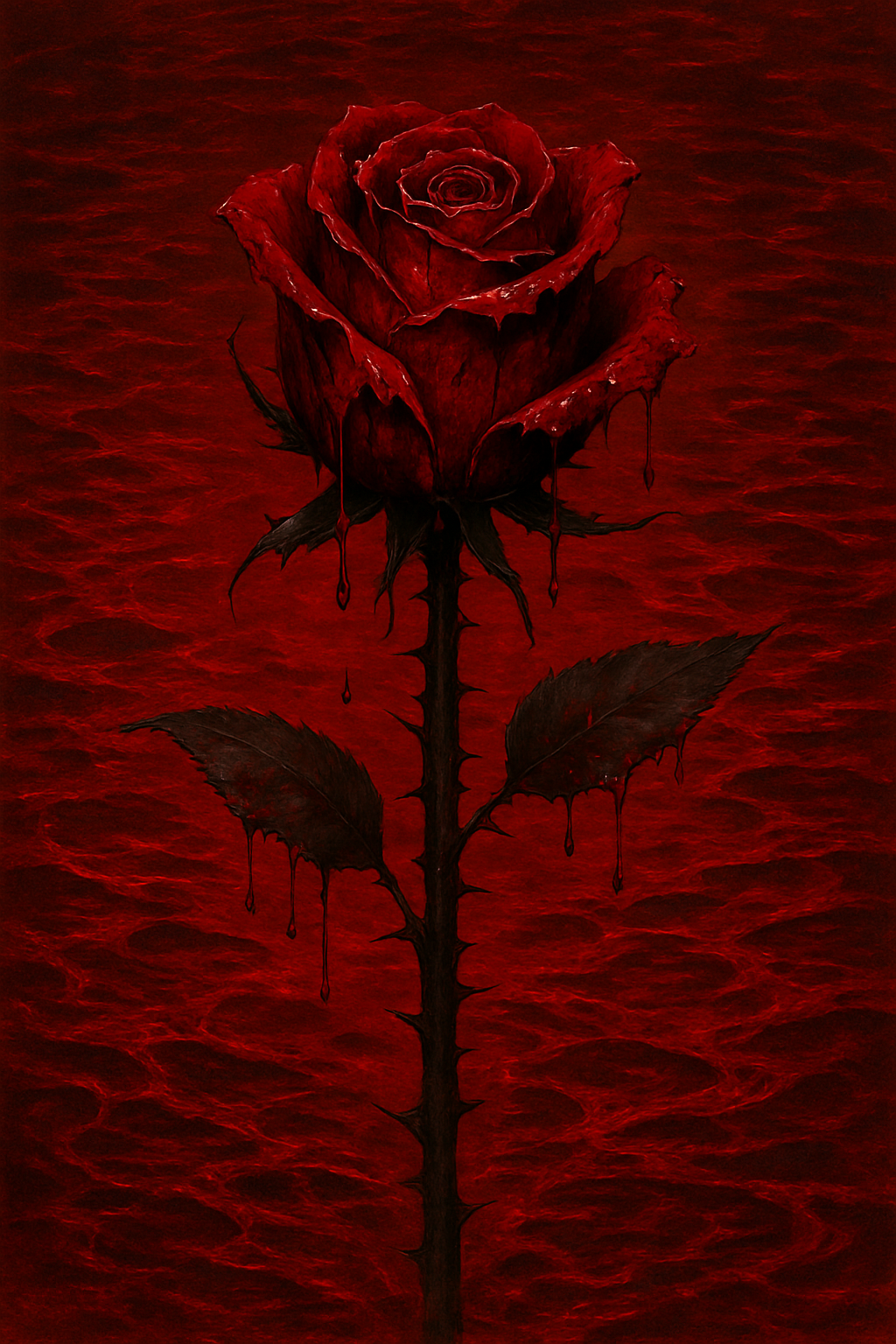 來自地獄的血玫瑰 壁紙 — 一朵深紅玫瑰，花瓣和荊棘上滴著血，立在波紋暗紅背景前。