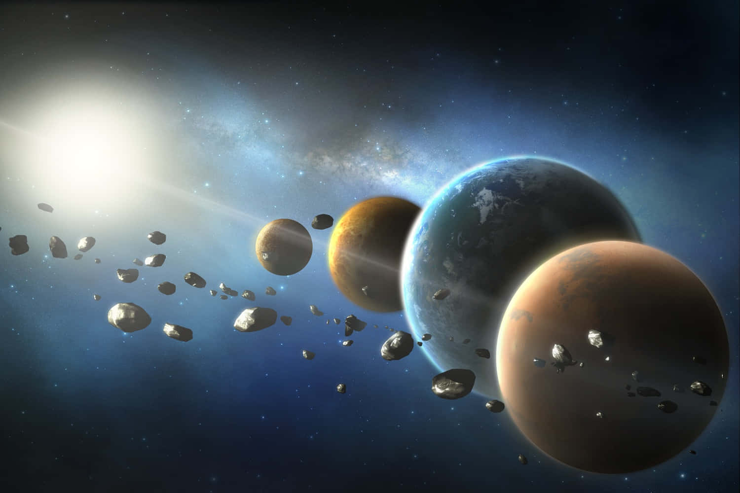行星和小行星漂浮在一個有明亮太陽的星空宇宙場景中。