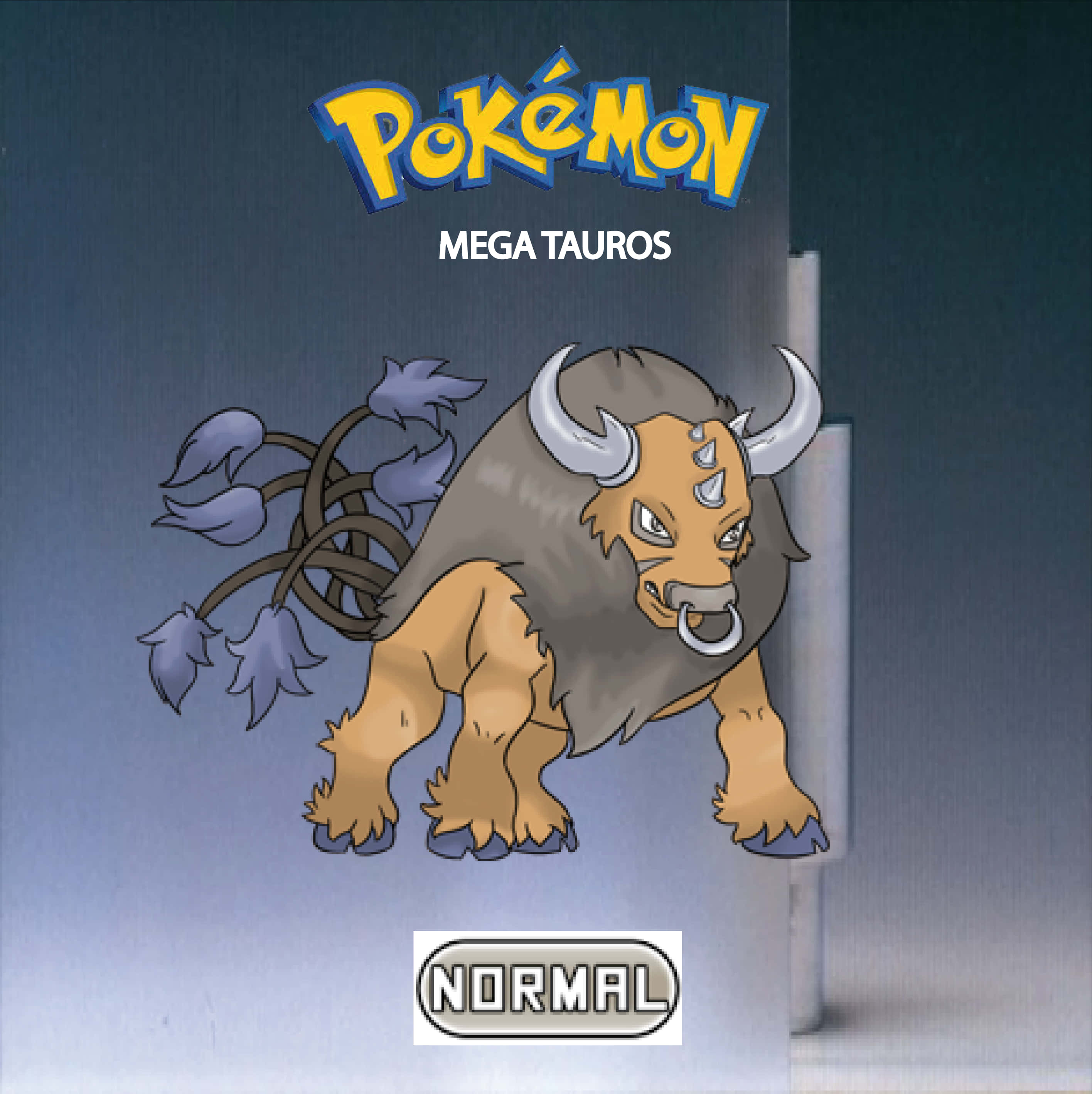 Mega Tauros 壁紙 — 來自寶可夢的超級肯泰羅，以其標誌性的尖刺尾巴和角頭，強力地站在漸變藍色背景前。