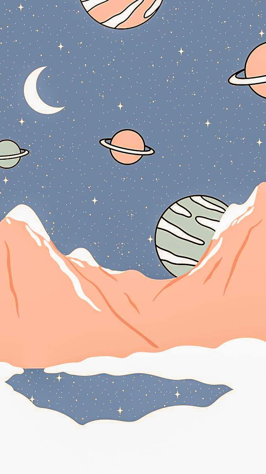 在星空下、有行星和新月的粉紅色雪頂山脈。
