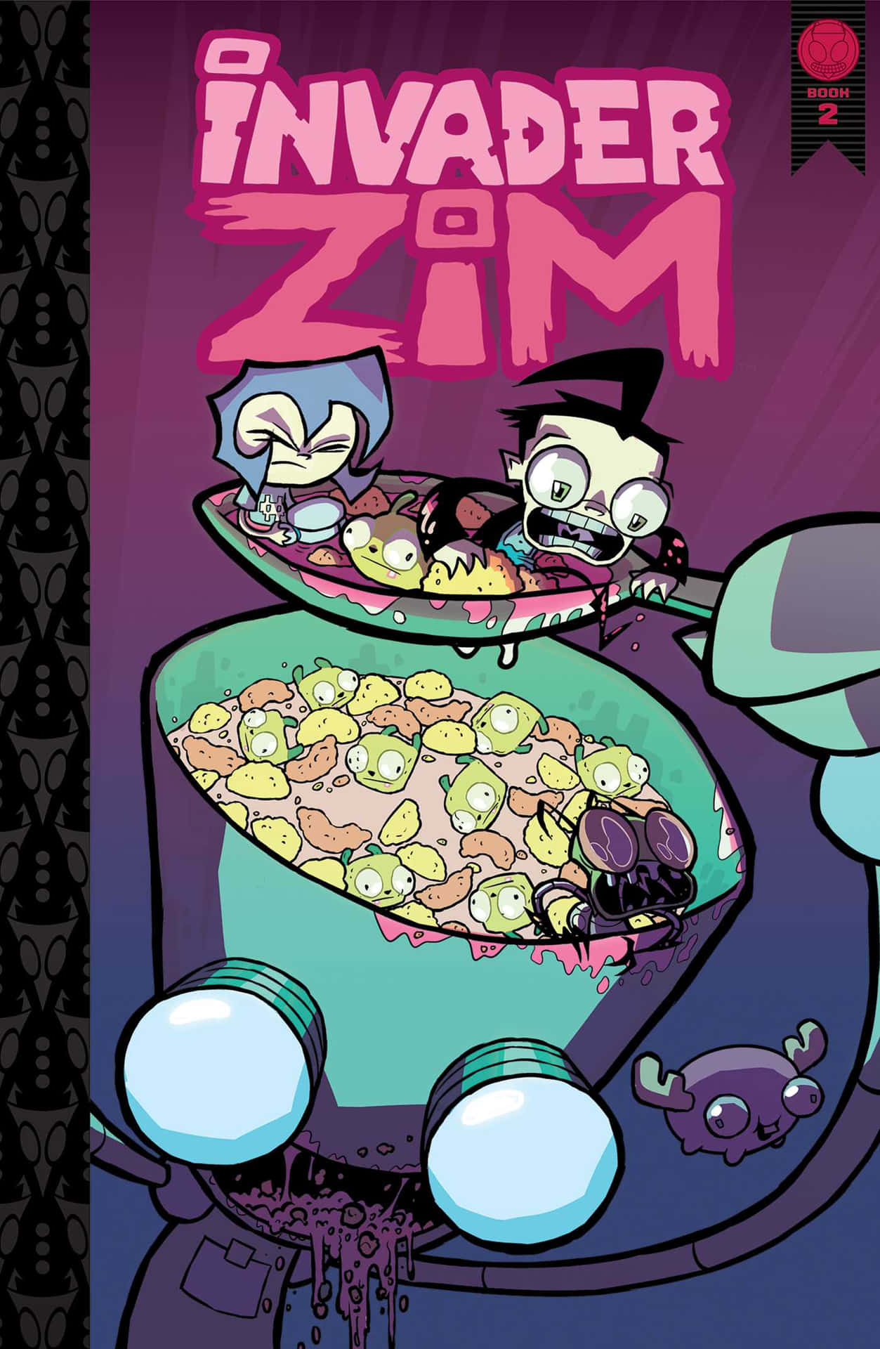 外星人喺巨型匙羹入面食有知覺嘅穀物，背景係紫色。