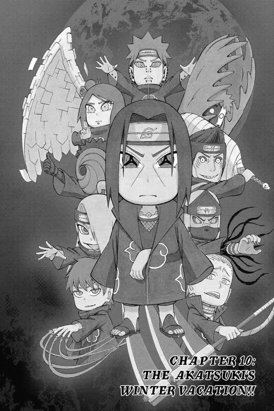 Akatsuki Chibi 桌布 壁紙 — 來自曉的Q版動漫角色在月光下的天空背景下以單色圍繞著一個中心人物。