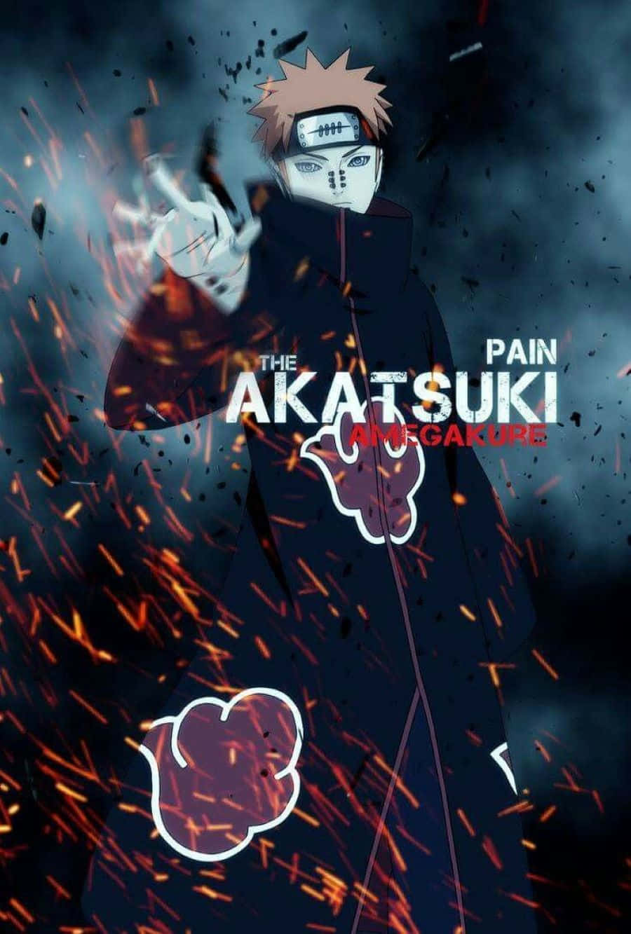 Akatsuki Pain 桌布 壁紙 — 來自曉的動畫角色佩恩站在黑煙中，被熾熱的橙色火花和發光的紅色雲符號包圍。