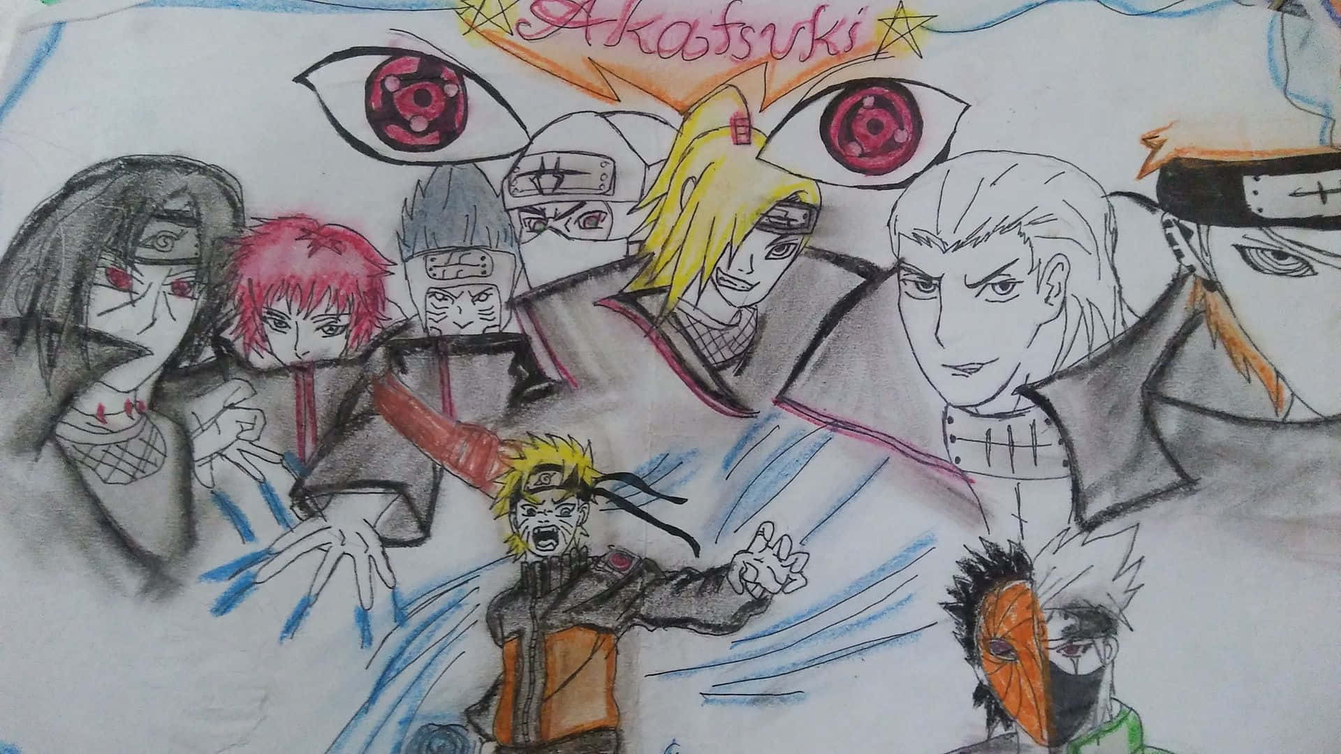 Akatsuki Drawing 桌布 壁紙 — 來自曉的紅眼手繪動漫角色，在白色背景上擺出戲劇性姿勢。