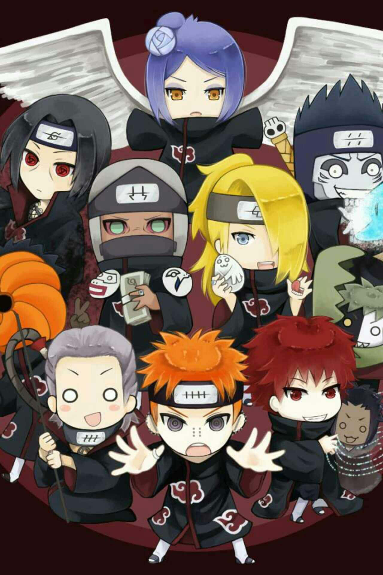 Akatsuki Members 桌布 壁紙 — 來自曉組織的Q版動漫角色，身穿帶有紅色雲朵的黑色斗篷，在深紅色背景前一起擺姿勢。