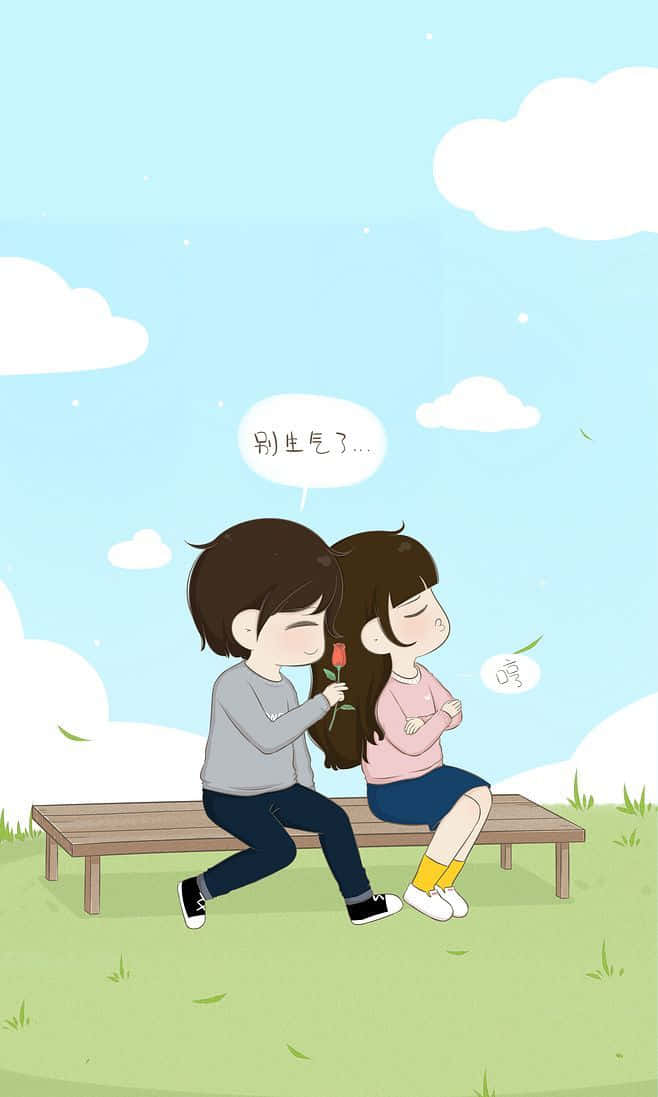 長椅上的動漫情侶，男孩遞玫瑰，女孩臉紅，上方有雲。