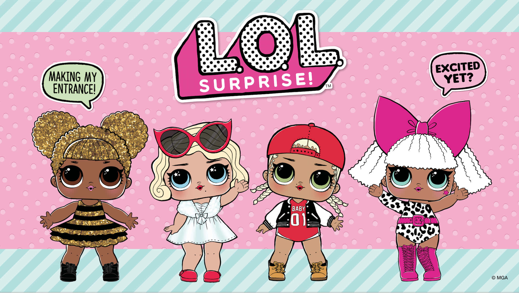 來自熱門收藏系列的Lol Dolls 壁紙 — 四個色彩繽紛的LOL Surprise公仔在粉紅色圓點背景上開心地擺姿勢，並帶有對話氣泡。