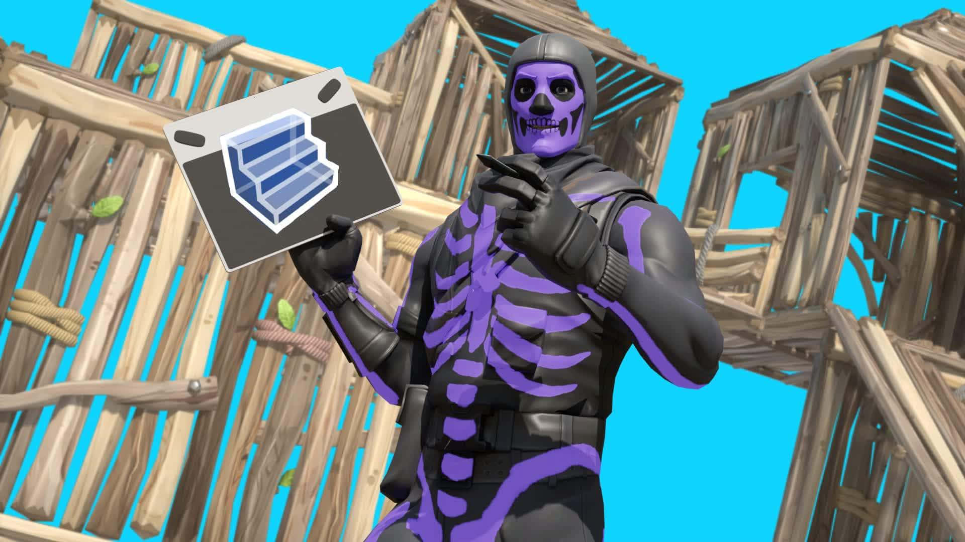 紫色骷髏Fortnite角色在木結構中拿著藍圖圖標。