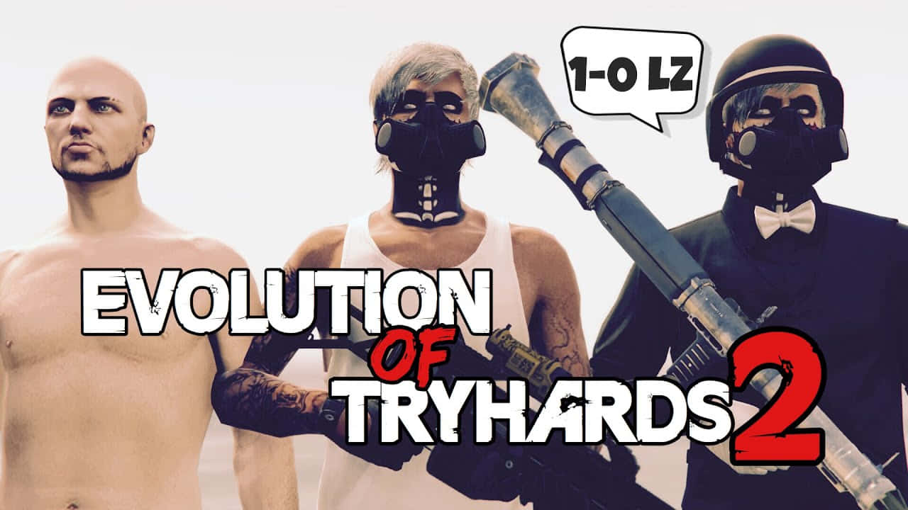 來自熱門電腦遊戲《Grand Theft Auto Tryhard》的黑幫動態畫面 壁紙 — 三名風格化的遊戲玩家身穿戰鬥裝備，手持武器，並帶有寫著「1-0 LZ」的對話框，背景為純色。