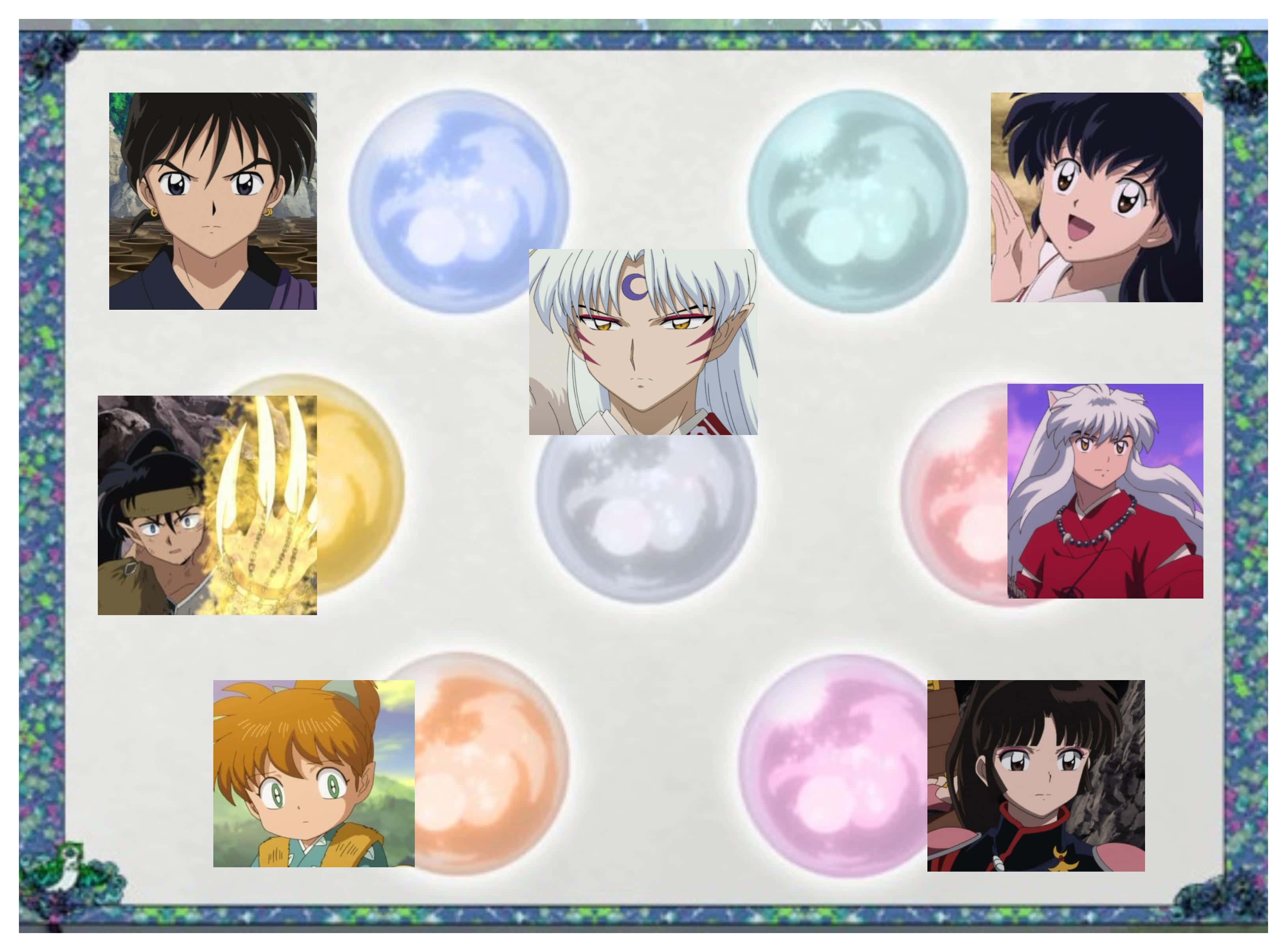 Inuyasha And The Gang 桌布 壁紙 — 來自犬夜叉的動漫角色圍繞著帶有神秘能量的發光球體，構成一個裱框拼貼畫。