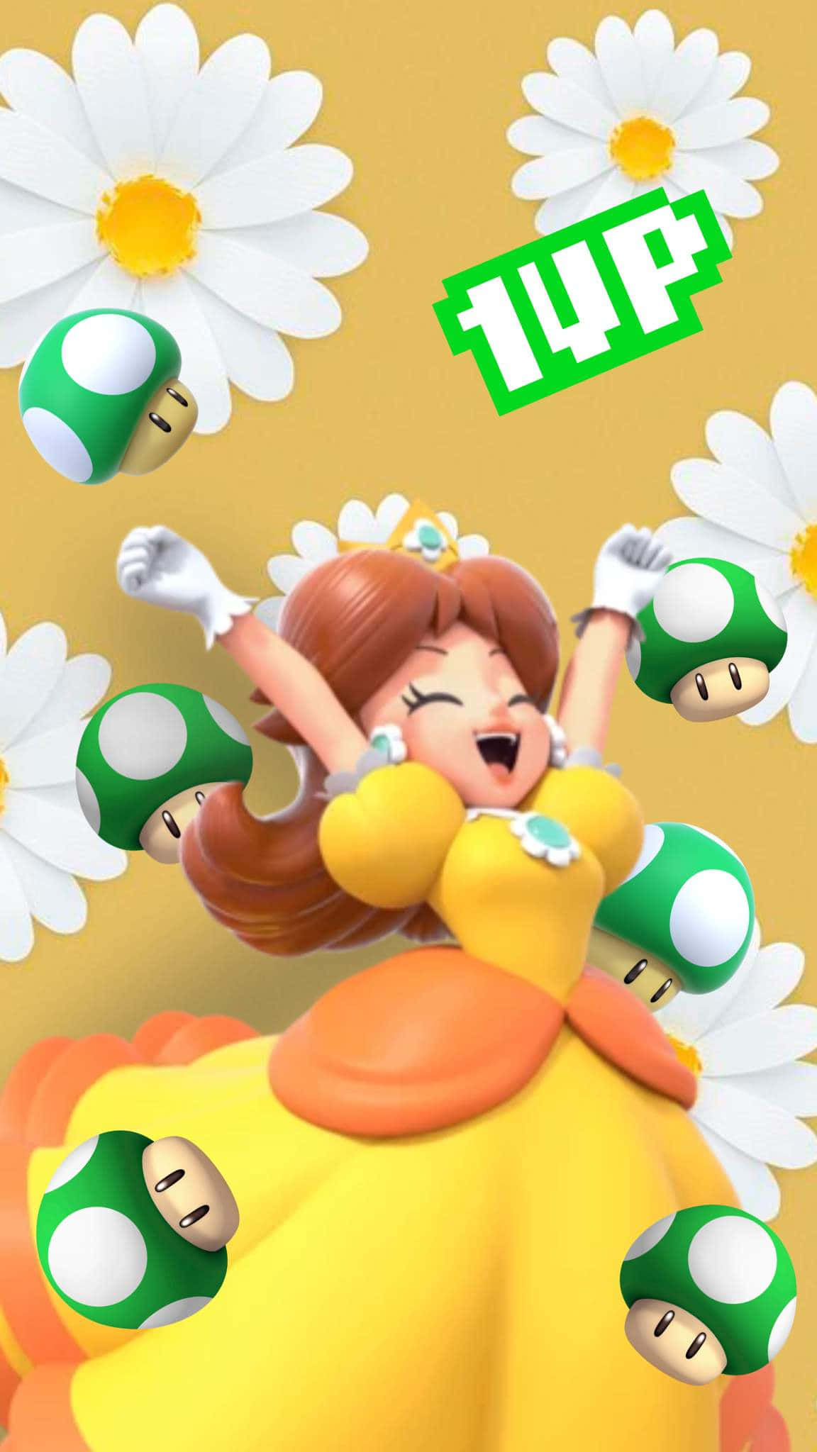 Princess Daisy 桌布 壁紙 — 來自瑪利歐遊戲的黛西在溫暖的黃色背景下，在漂浮的雛菊和綠色蘑菇之間歡快地跳躍。