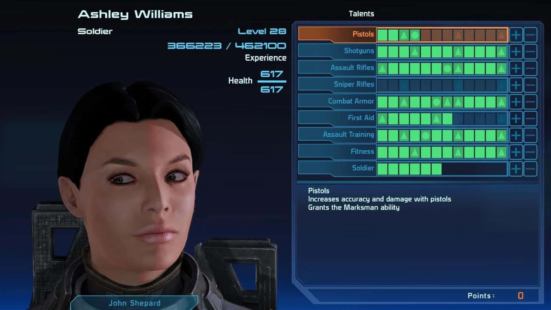 Ashley Williams 桌布 壁紙 — 來自科幻遊戲的角色資料畫面，顯示阿什莉·威廉斯的狀態和天賦樹。
