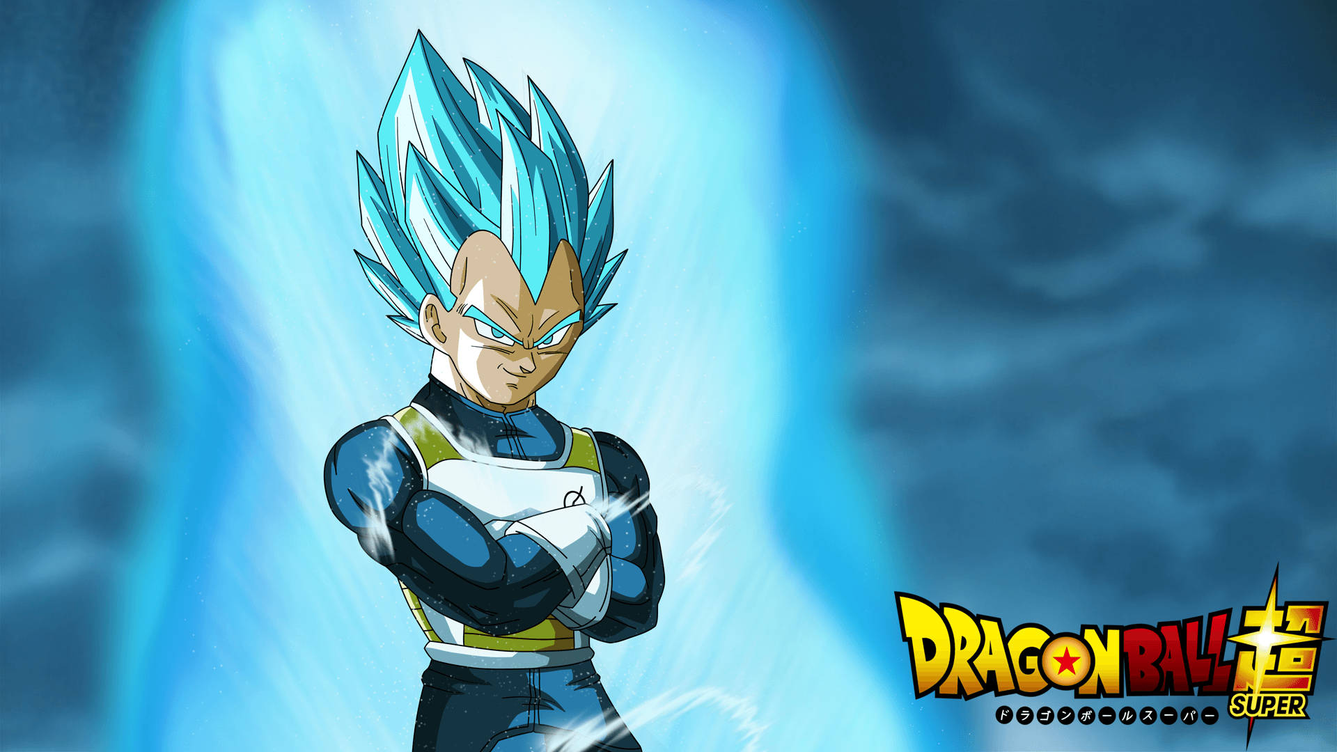 來自經典動畫《龍珠》的 Vegeta 壁紙 — 比達以超級賽亞人藍形態強力地交叉雙臂站立，背景是發光的藍色能量。