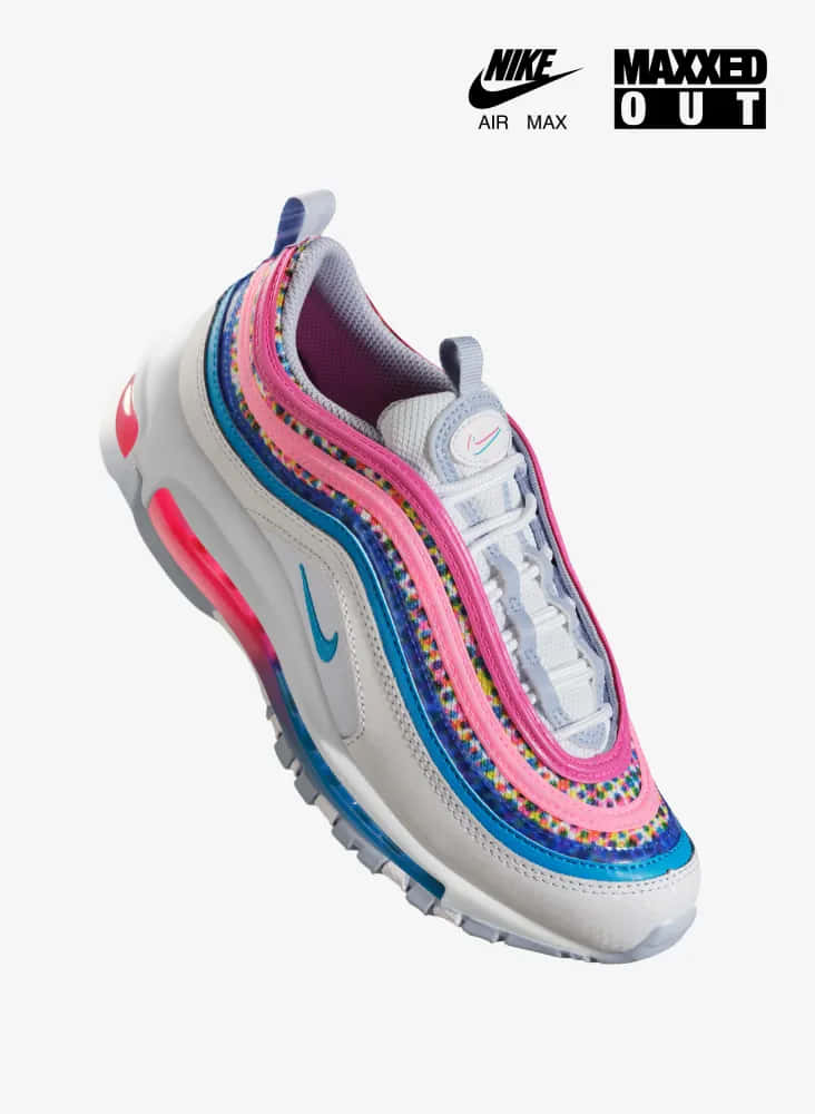 色彩繽紛的Nike Air Max 97運動鞋，帶有粉紅色、藍色和多彩色調。