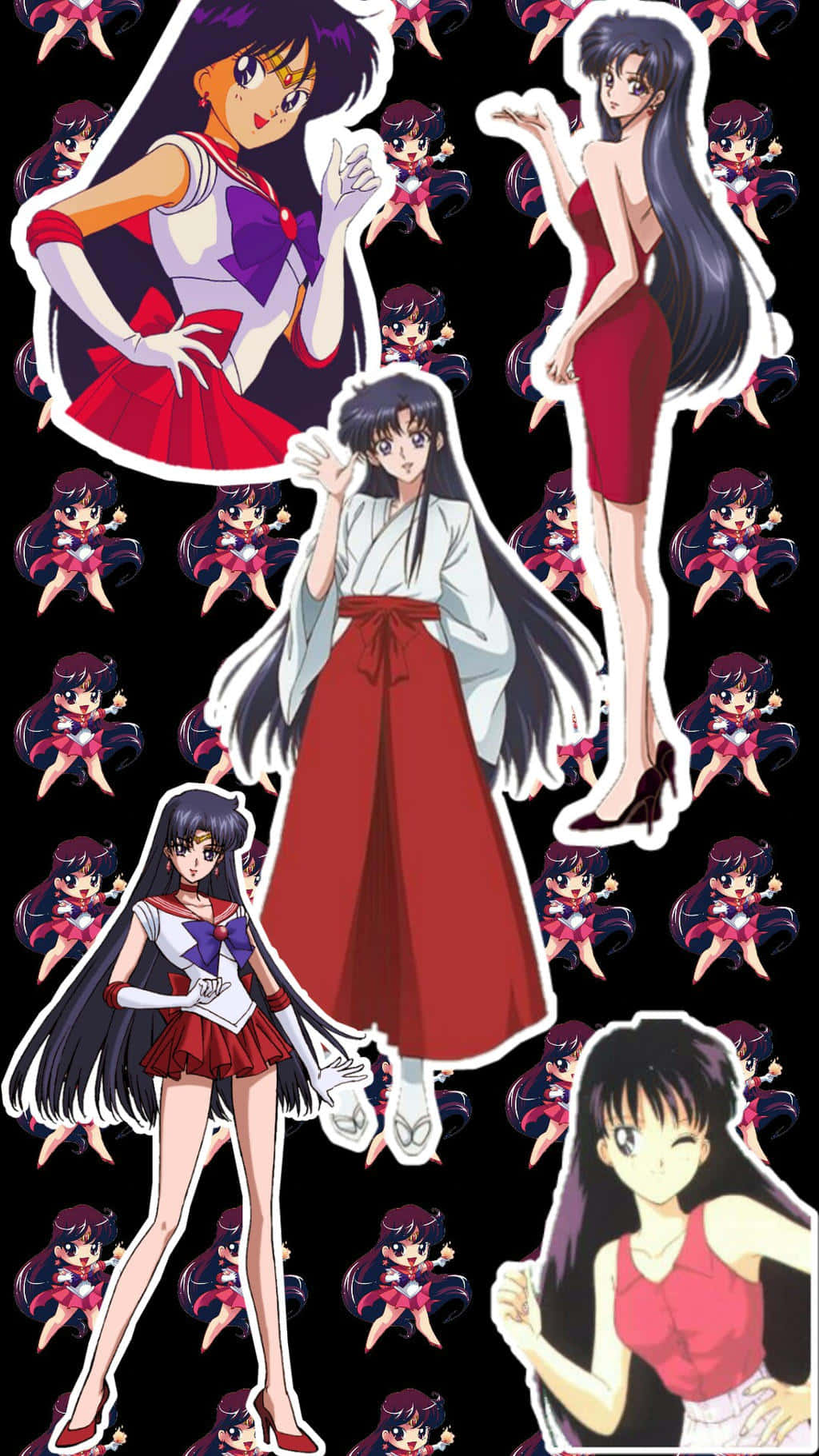 sailor mars 桌布 壁紙 — 來自美少女戰士系列的動漫角色，穿著各種服裝和姿勢，黑色背景上重複著小角色圖案。