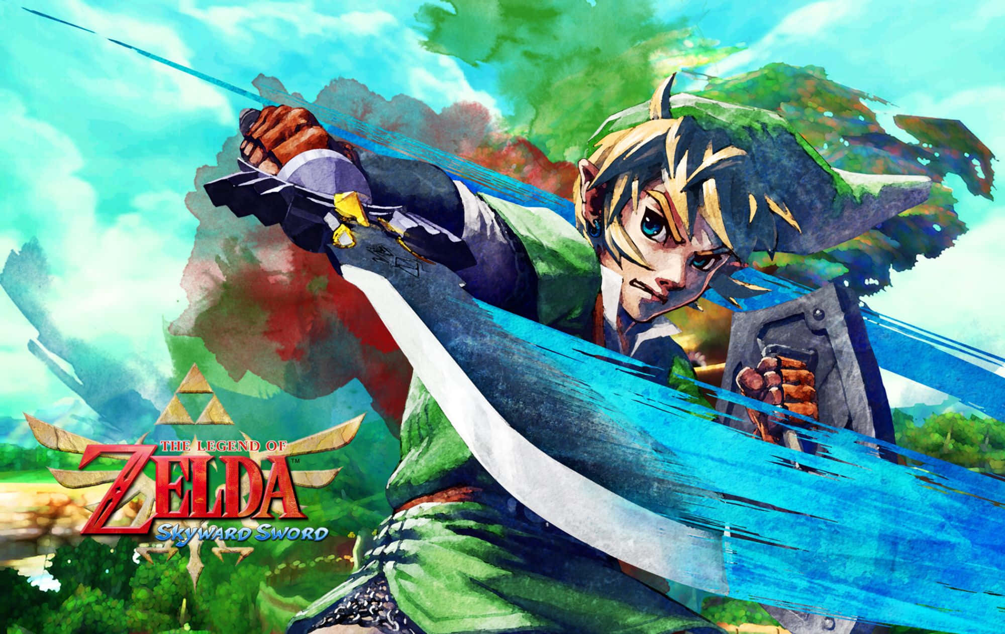 The Legend Of Zelda Skyward Sword 桌布 壁紙 — 來自薩爾達傳說 天空之劍的林克在動態水彩風格戰鬥場景中揮劍斬擊。
