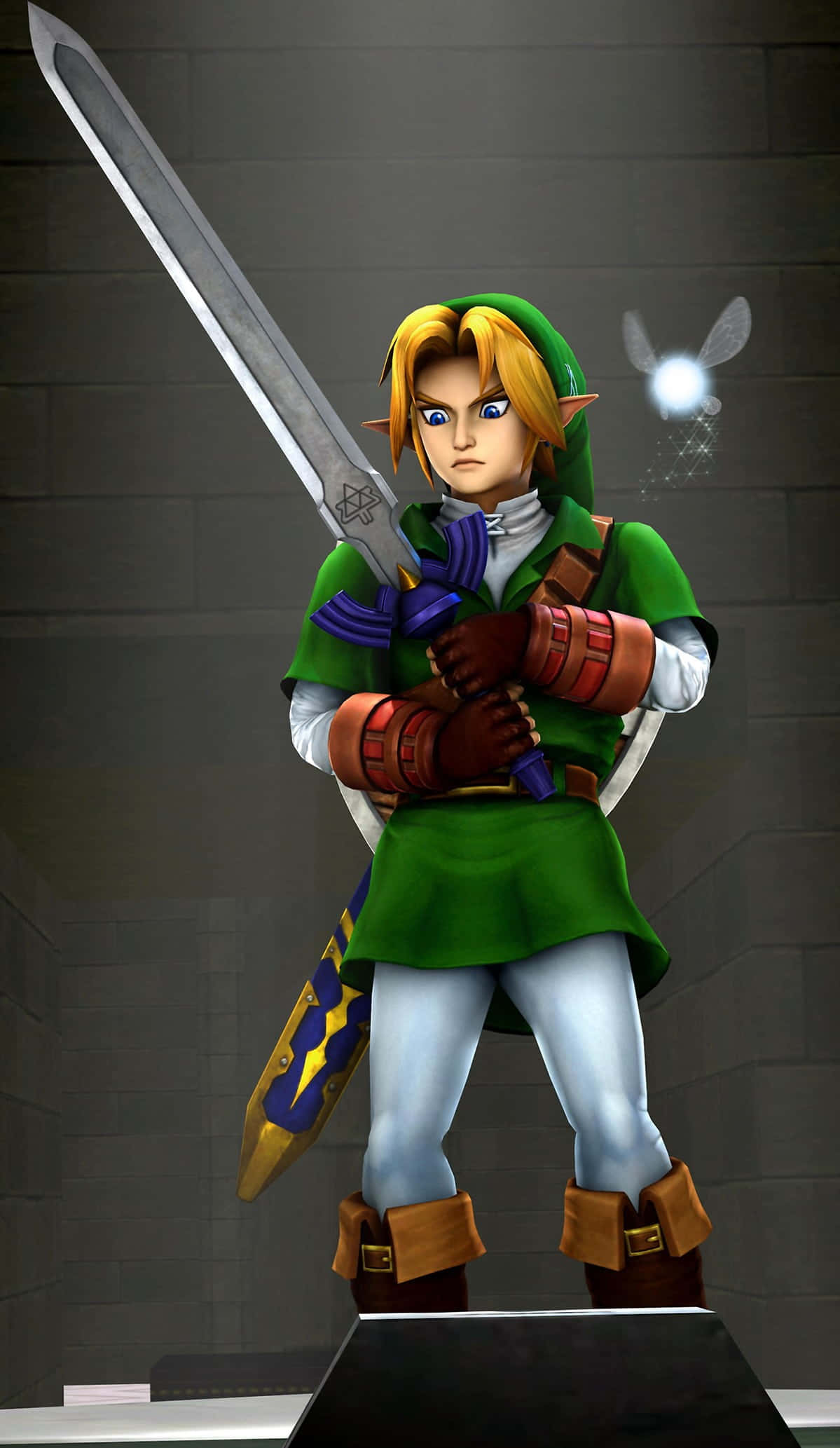 The Legend Of Zelda Navi 桌布 壁紙 — 來自薩爾達的林克在石牆房間中準備好劍和盾牌，旁邊有一隻發光的妖精。