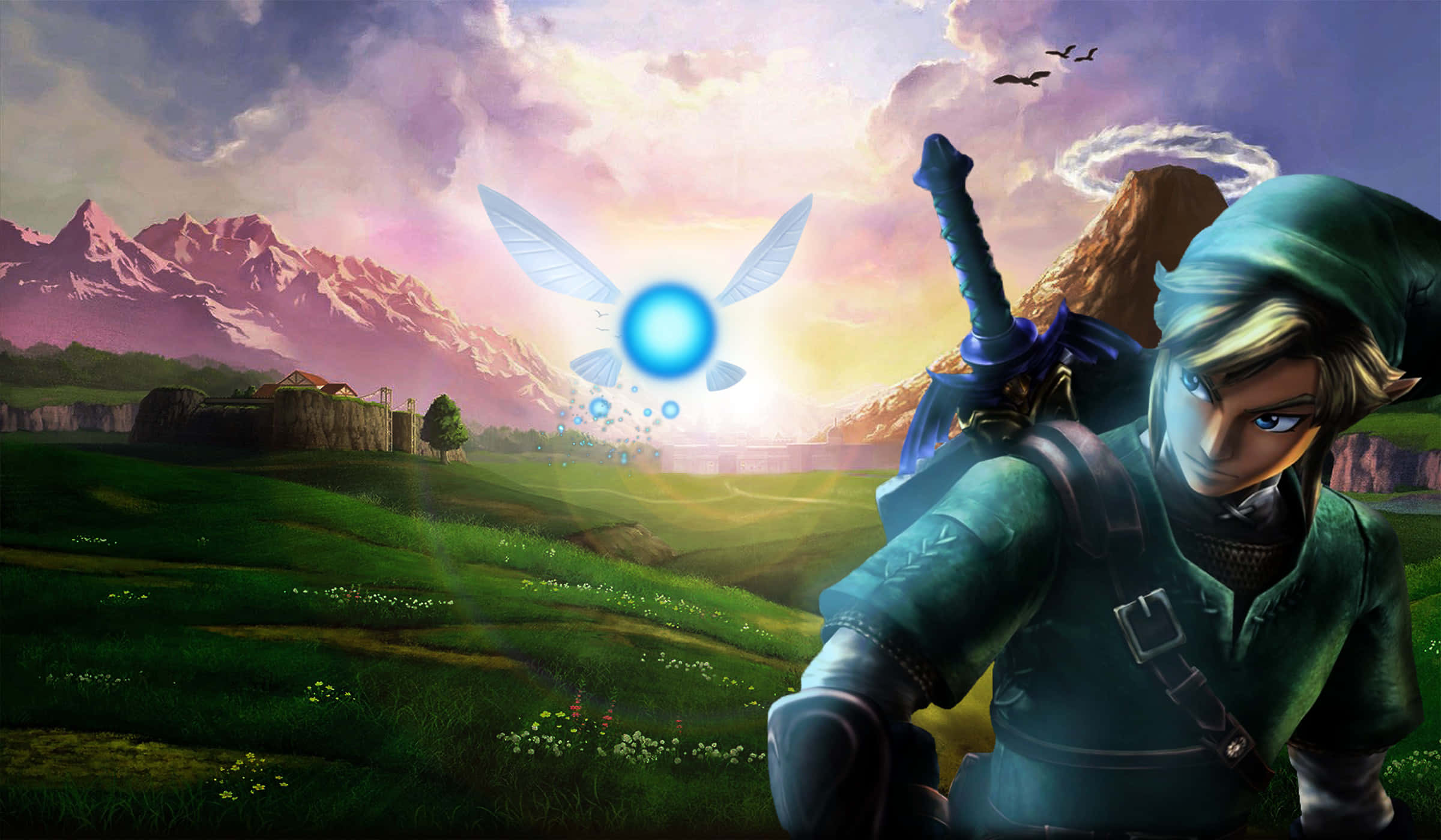 The Legend Of Zelda Hyrule 桌布 壁紙 — 來自薩爾達的林克站在日落時分充滿活力的綠色田野中，一隻發光的藍色妖精在遠處的山脈附近盤旋。