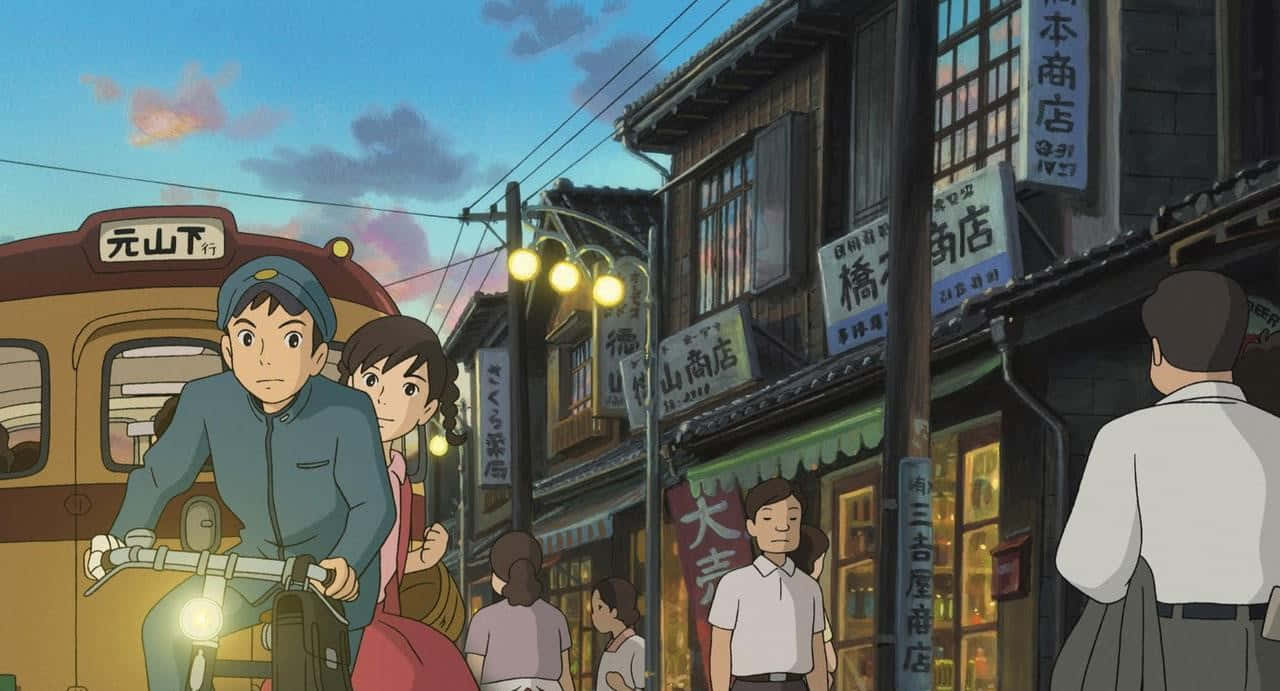 男孩和女孩在黃昏時分騎單車穿過日本街道，燈籠閃爍。