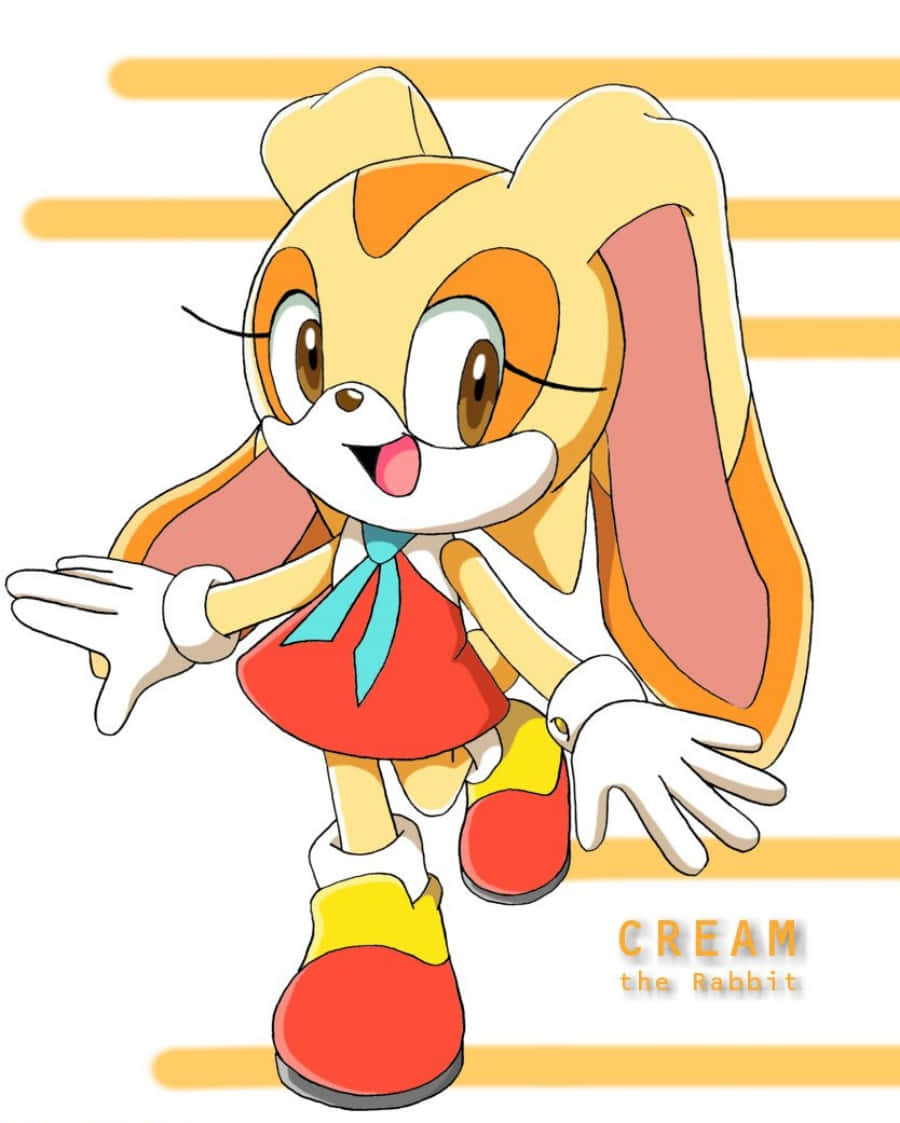 Cream The Rabbit 桌布 壁紙 — 來自超音鼠的克莉姆兔穿著紅色連衣裙和黃色鞋子，在條紋背景前開心地微笑。