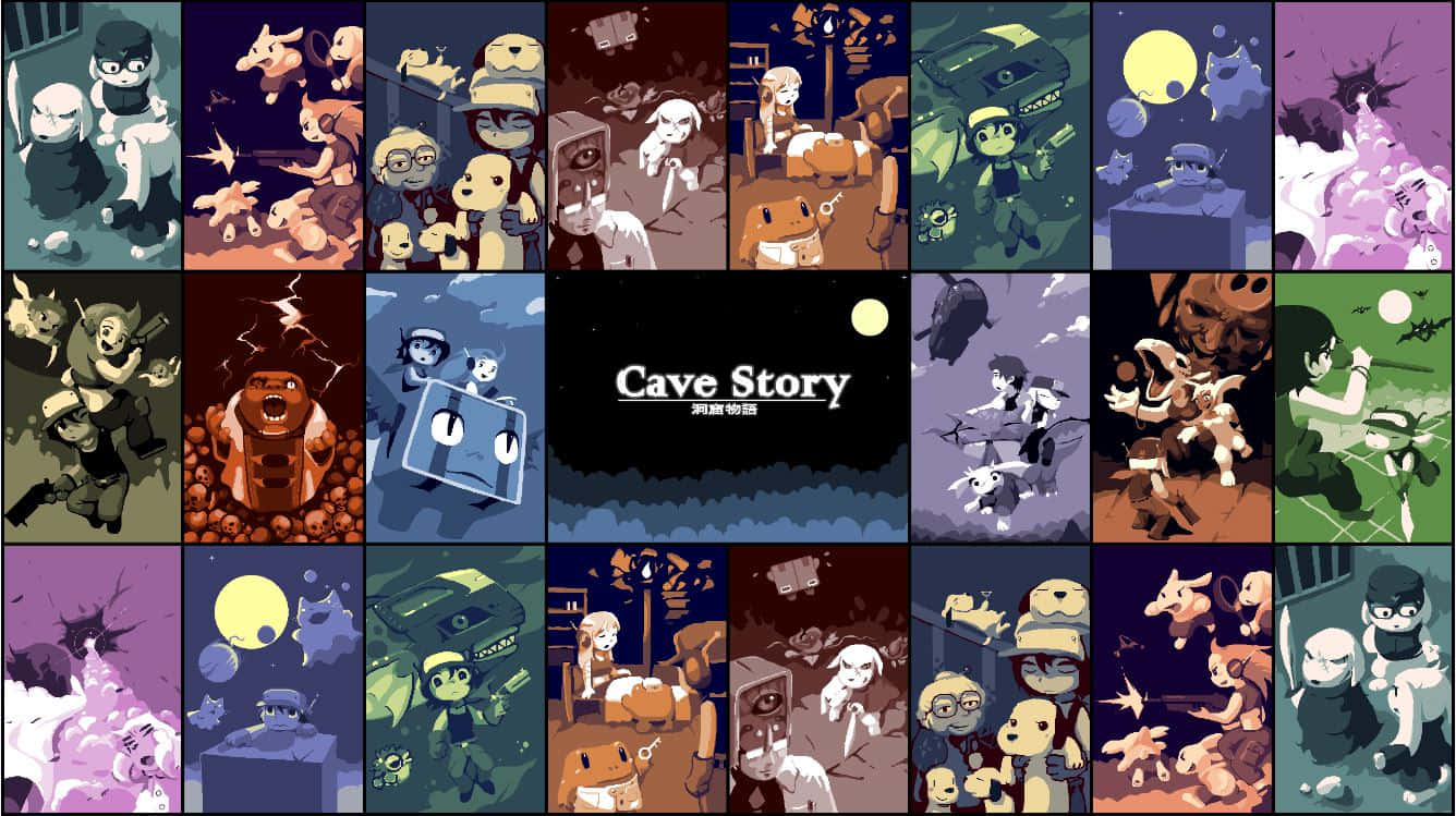 Indie Gaming 桌布 壁紙 — 來自遊戲《洞窟物語》的 20 個像素藝術場景網格，角色處於各種超現實和冒險的環境中。