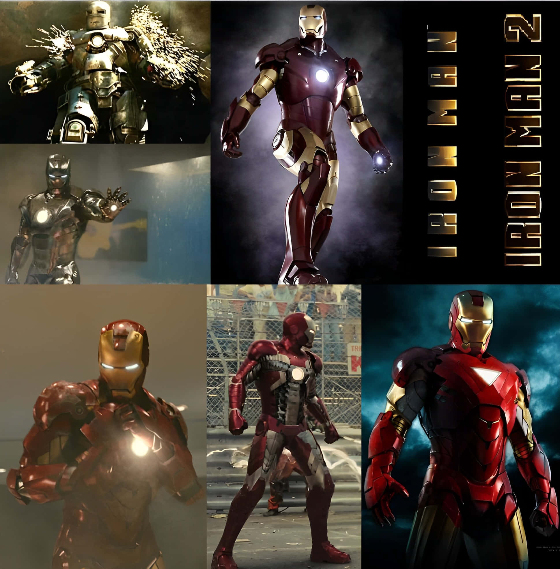 Iron Man Suit 桌布 壁紙 — 來自電影《鐵甲奇俠2》的鐵甲奇俠戰衣拼貼，展示各種動態姿勢的裝甲設計，帶有發光的斥力脈衝器和火花。