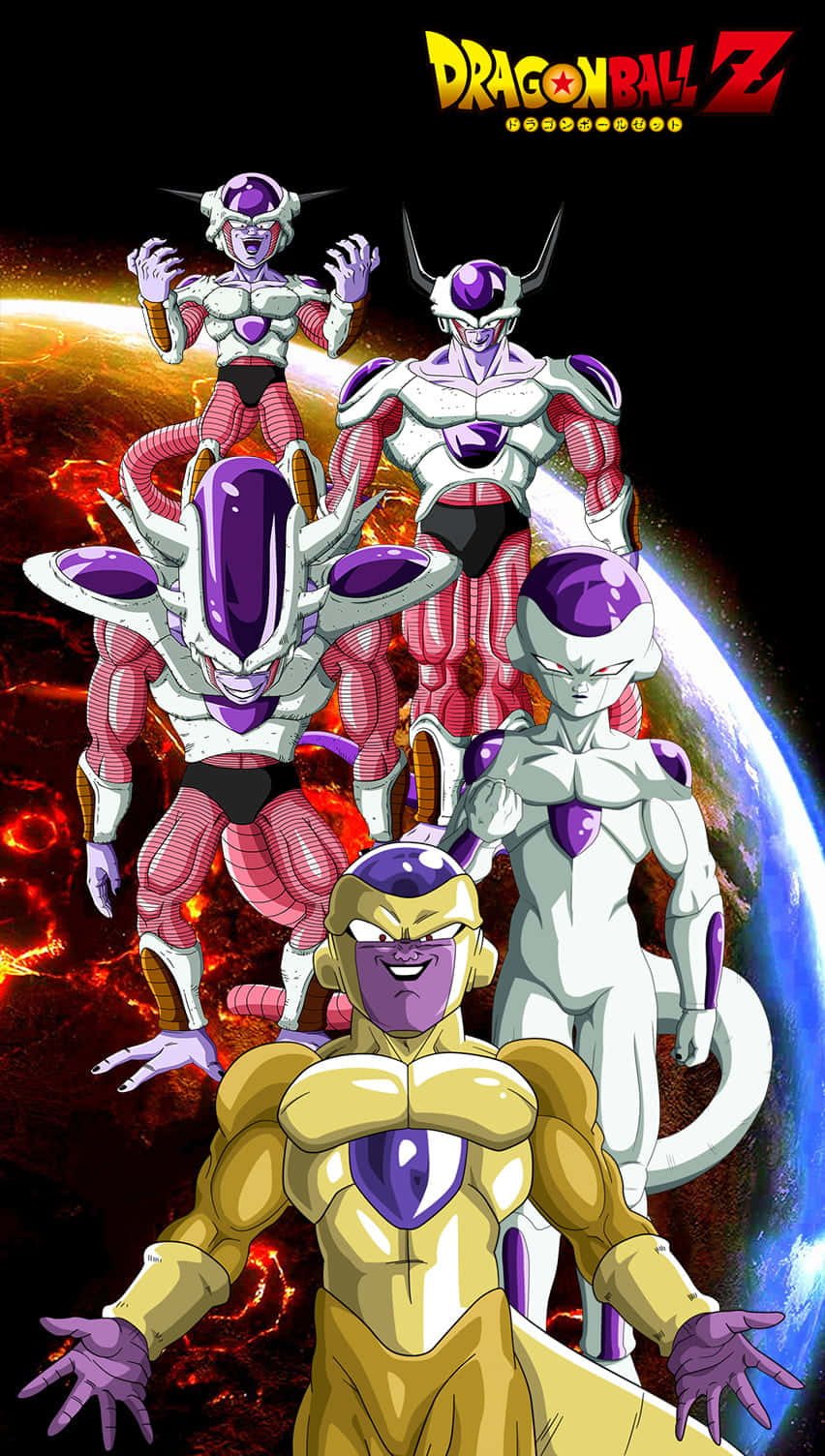 Frieza's Army 桌布 壁紙 — 來自龍珠Z的五個兇猛弗羅斯特形態，在宇宙戰鬥姿勢中，背景是熾熱行星和藍色地球。