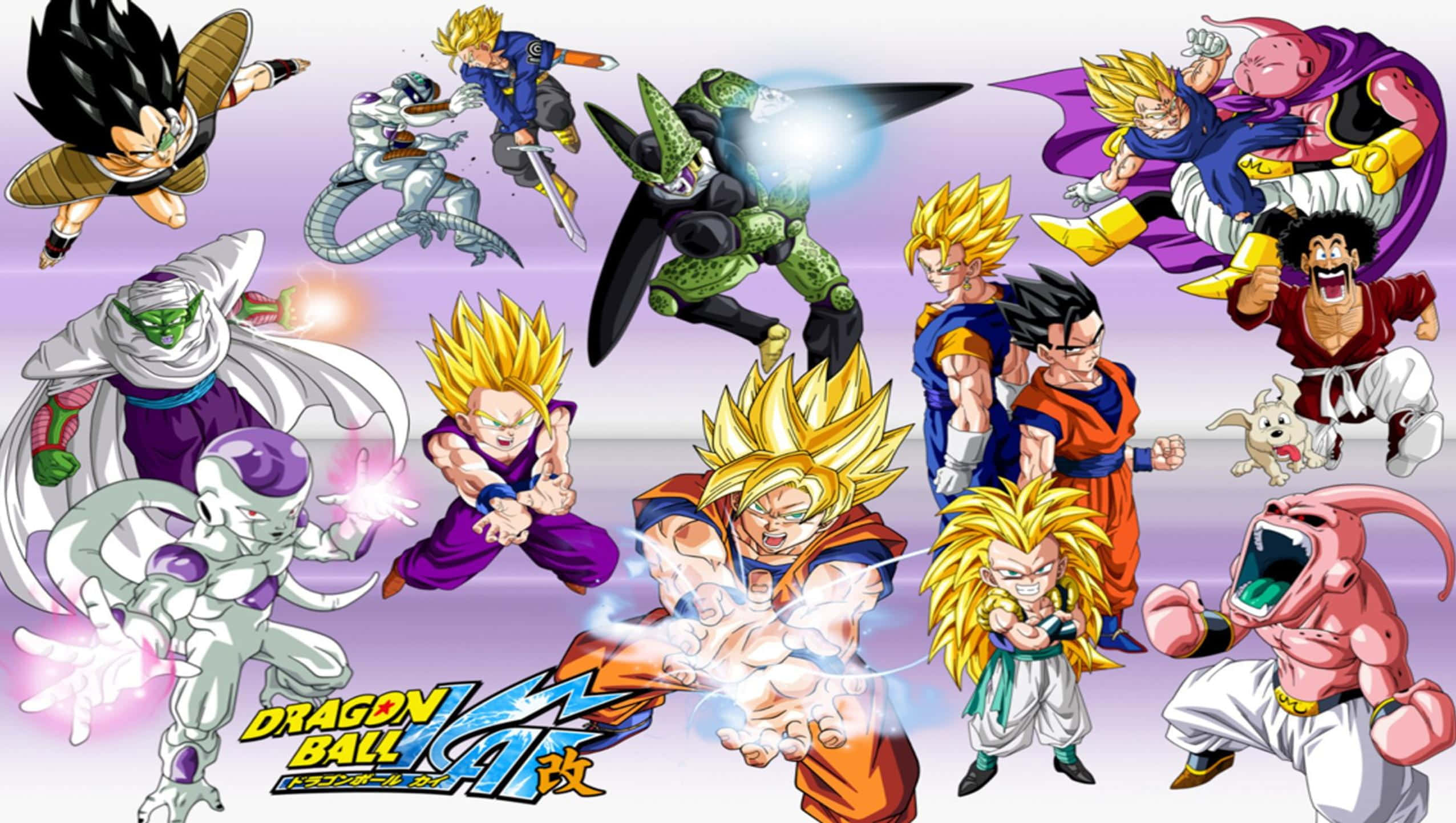 Dragon Ball Z Kai 桌布 壁紙 — 來自龍珠Z的動態動漫角色在半空中戰鬥，發出能量爆炸，背景是柔和的紫色漸變。