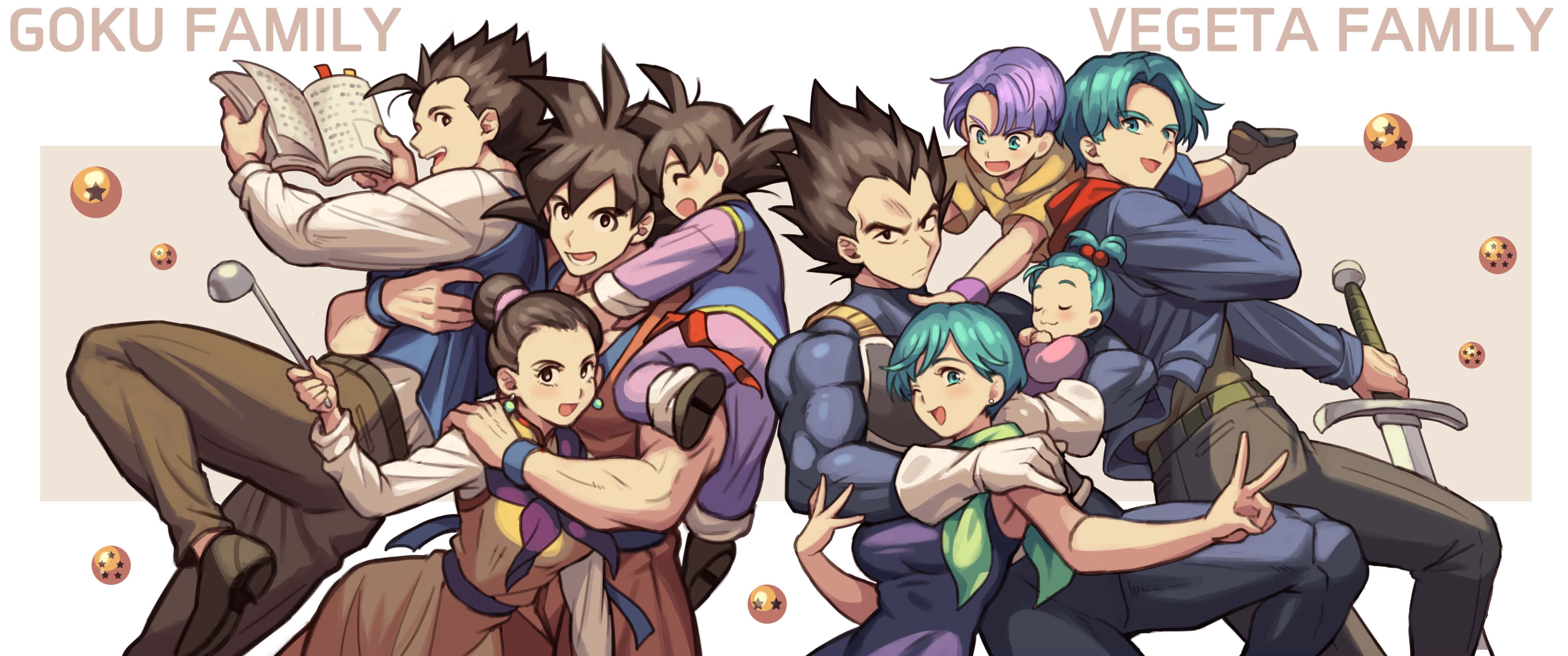 Vegeta's Family 桌布 壁紙 — 來自龍珠的兩個動畫家庭在純色背景前，開心地擺出姿勢，手持武術裝備和能量球。