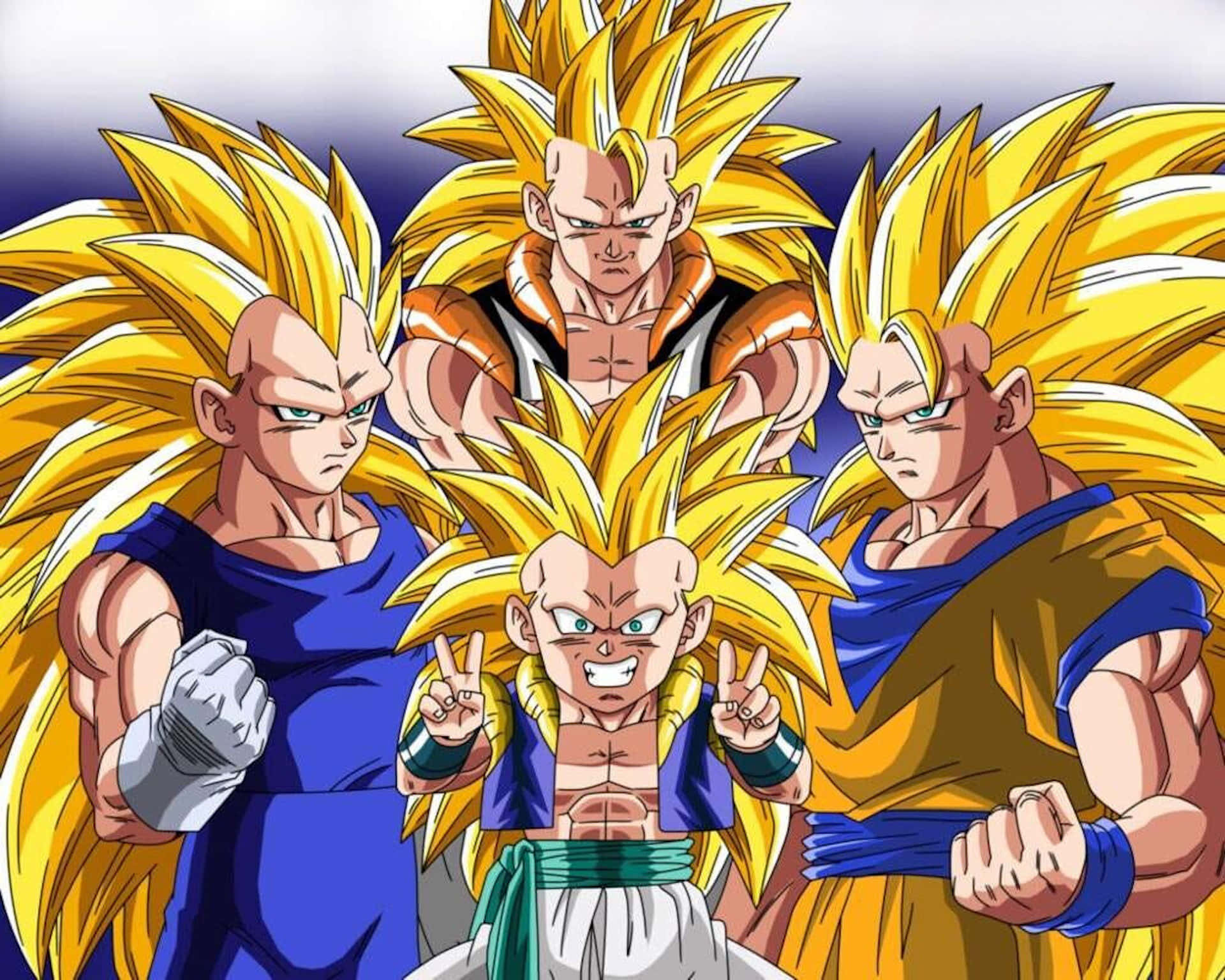 Vegeta Super Saiyan 3 桌布 壁紙 — 來自龍珠的四個超級撒亞人角色以金色頭髮和強烈表情組成強大的陣型。