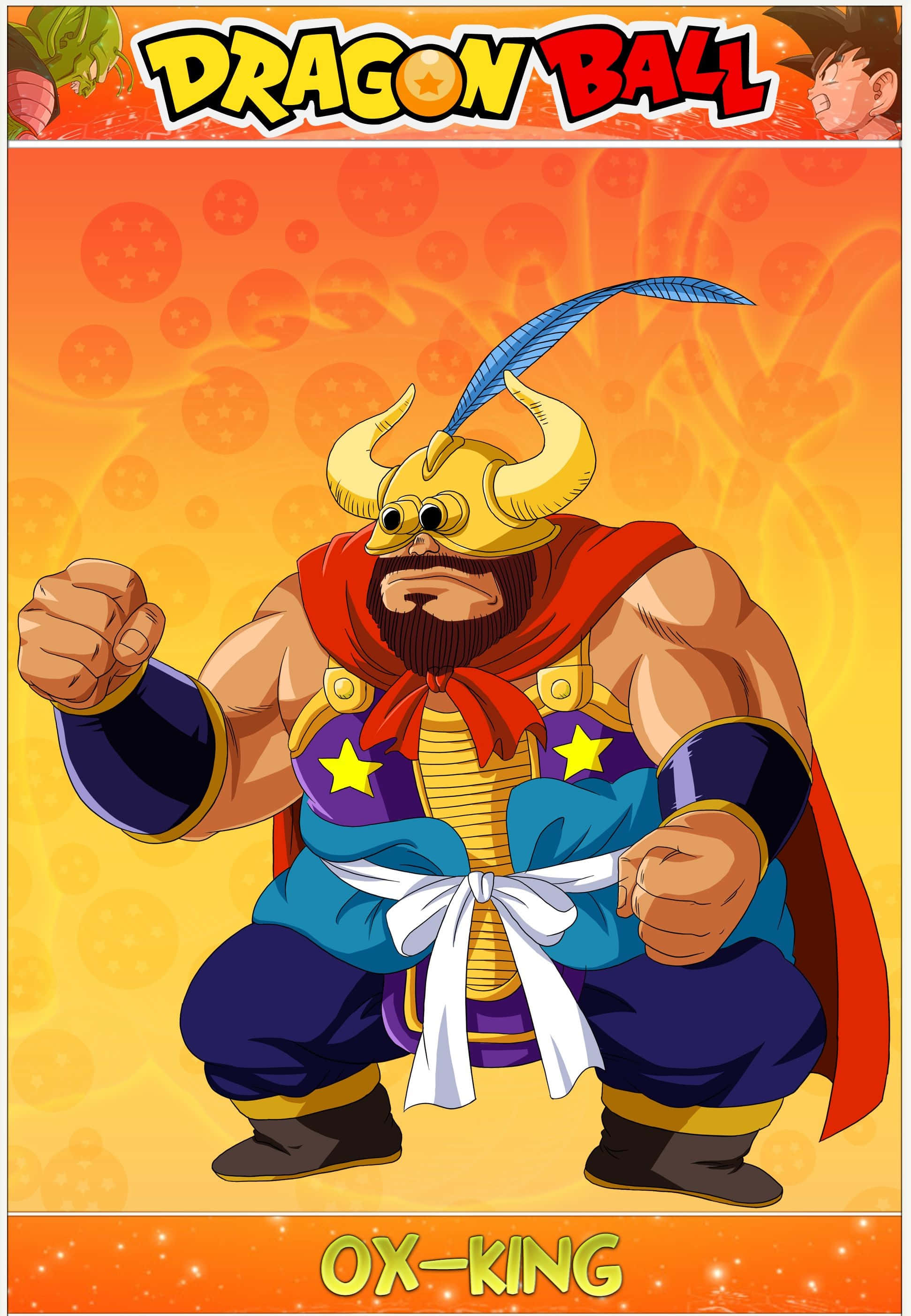 Ox King 桌布 壁紙 — 來自龍珠的牛魔王身穿皇家盔甲，在熾熱的橙色背景前強力蹲伏，身後漂浮著龍珠。