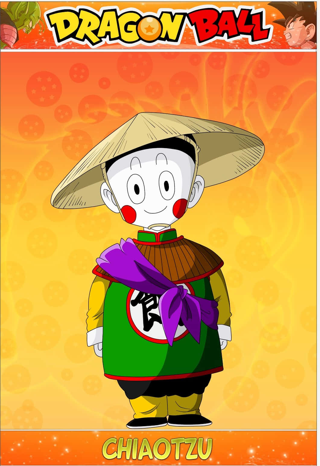 Chiaotzu 桌布 壁紙 — 來自龍珠的餃子微笑著站立，身穿綠色和黃色服裝，繫著紫色腰帶，背景是溫暖的橙色。