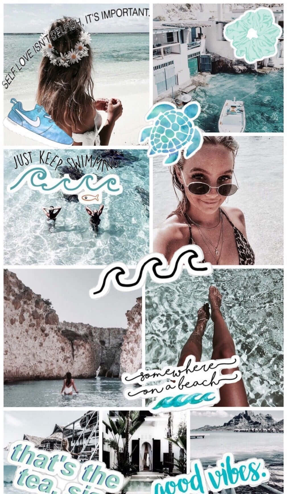 來趟放鬆的海灘之旅，盡情享受美景！ 壁紙 — 一個充滿活力的海灘拼貼畫，包含曬太陽的人、碧綠的海水和時尚柔和美學的勵志名言。